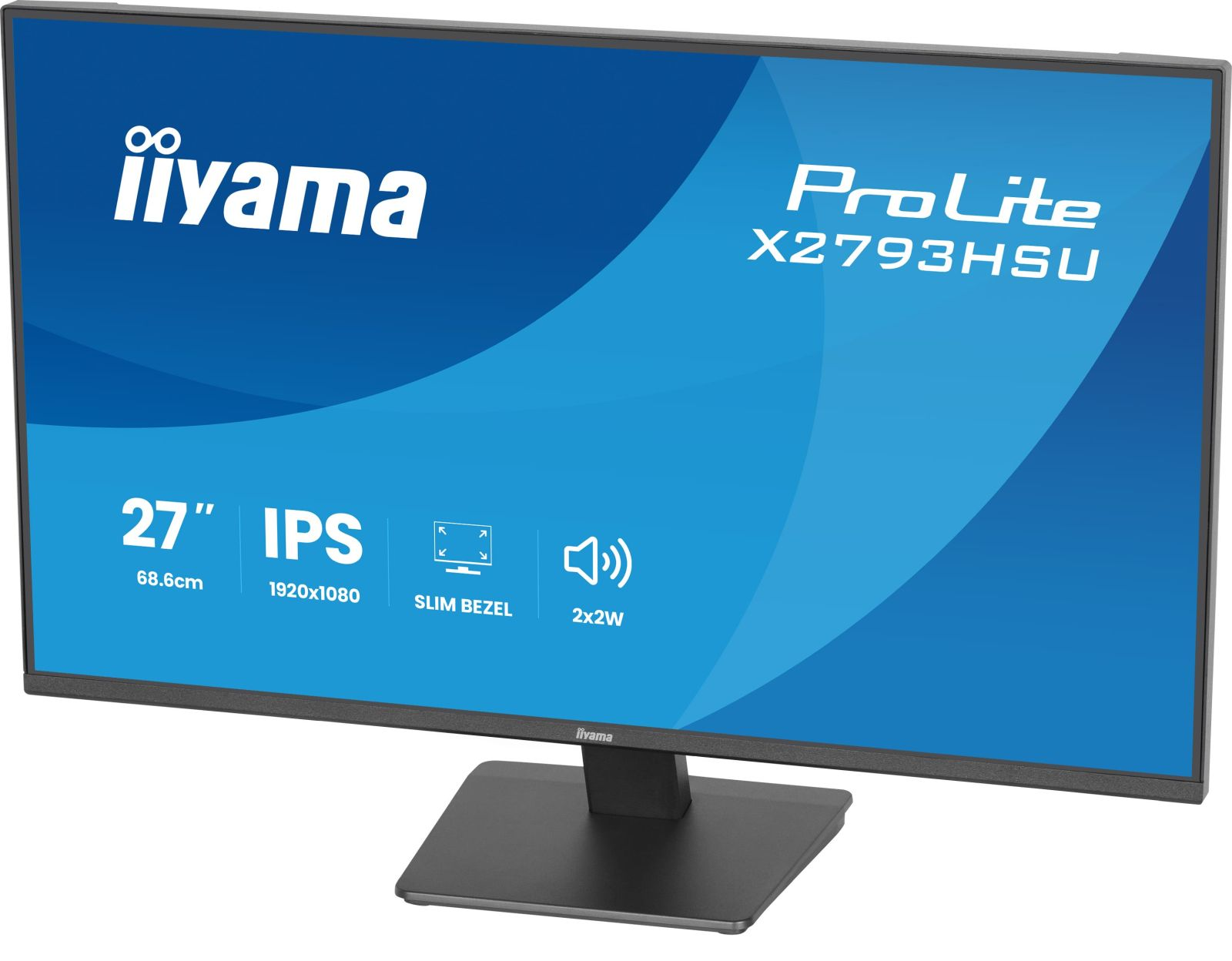 Czarny monitor Iiyama ProLite z niebieskim tłem wyświetlający białe specyfikacje.