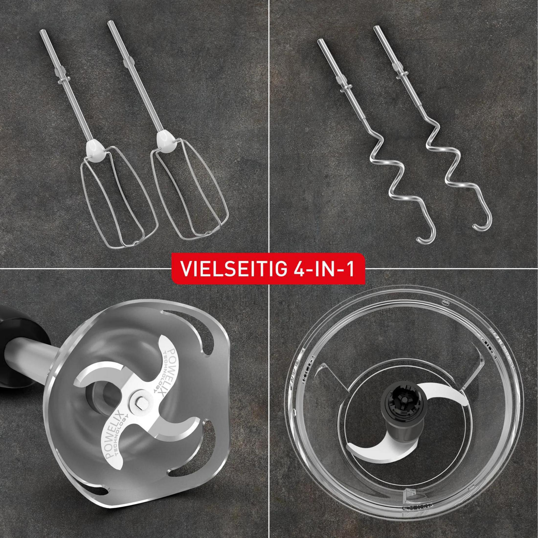 Quattro accessori per mixer: fruste, ganci impastatori, piede frullatore e tritacarne.
