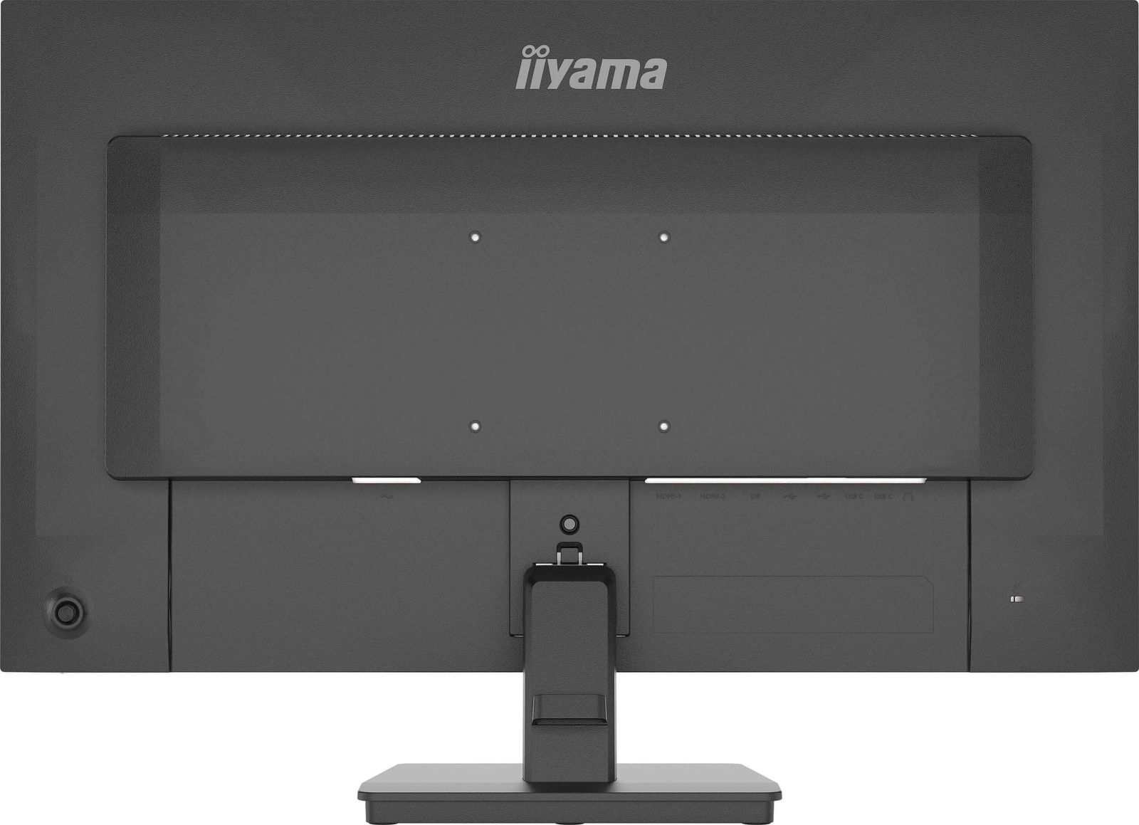 Vista trasera de un monitor iiyama negro con puertos y soporte.
