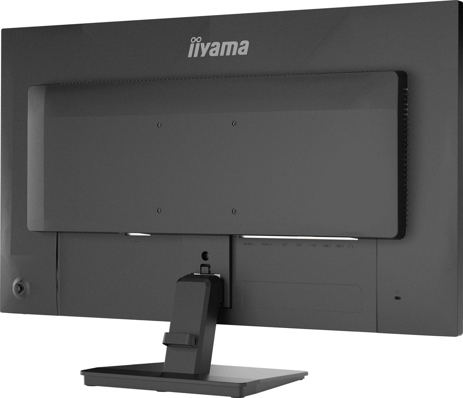 Parte trasera de un monitor iiyama negro con puertos: HDMI, DP, USB-C.