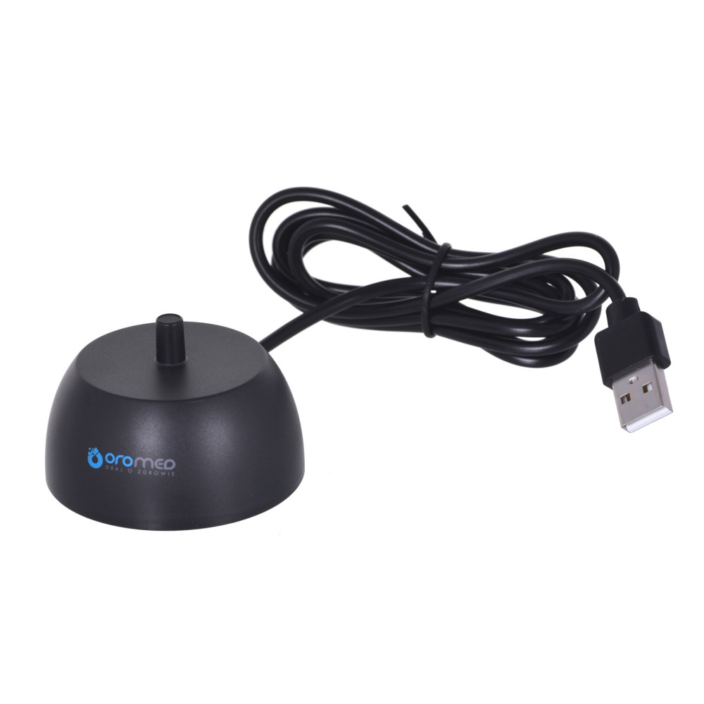 Base di ricarica nera per spazzolino con cavo USB e logo blu.