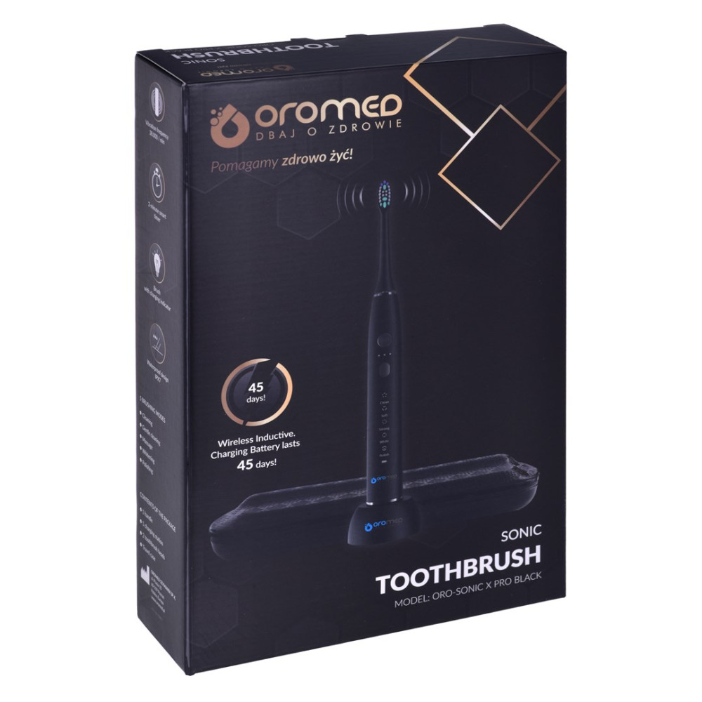 Confezione di spazzolino nero con logo oromed, spazzolino sonico e base di ricarica.