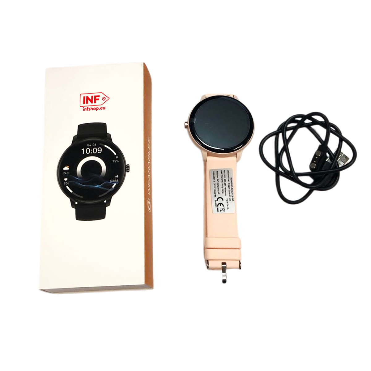 Ein rosa Smartwatch-Set mit Box, Uhr und Ladekabel auf weißem Hintergrund.