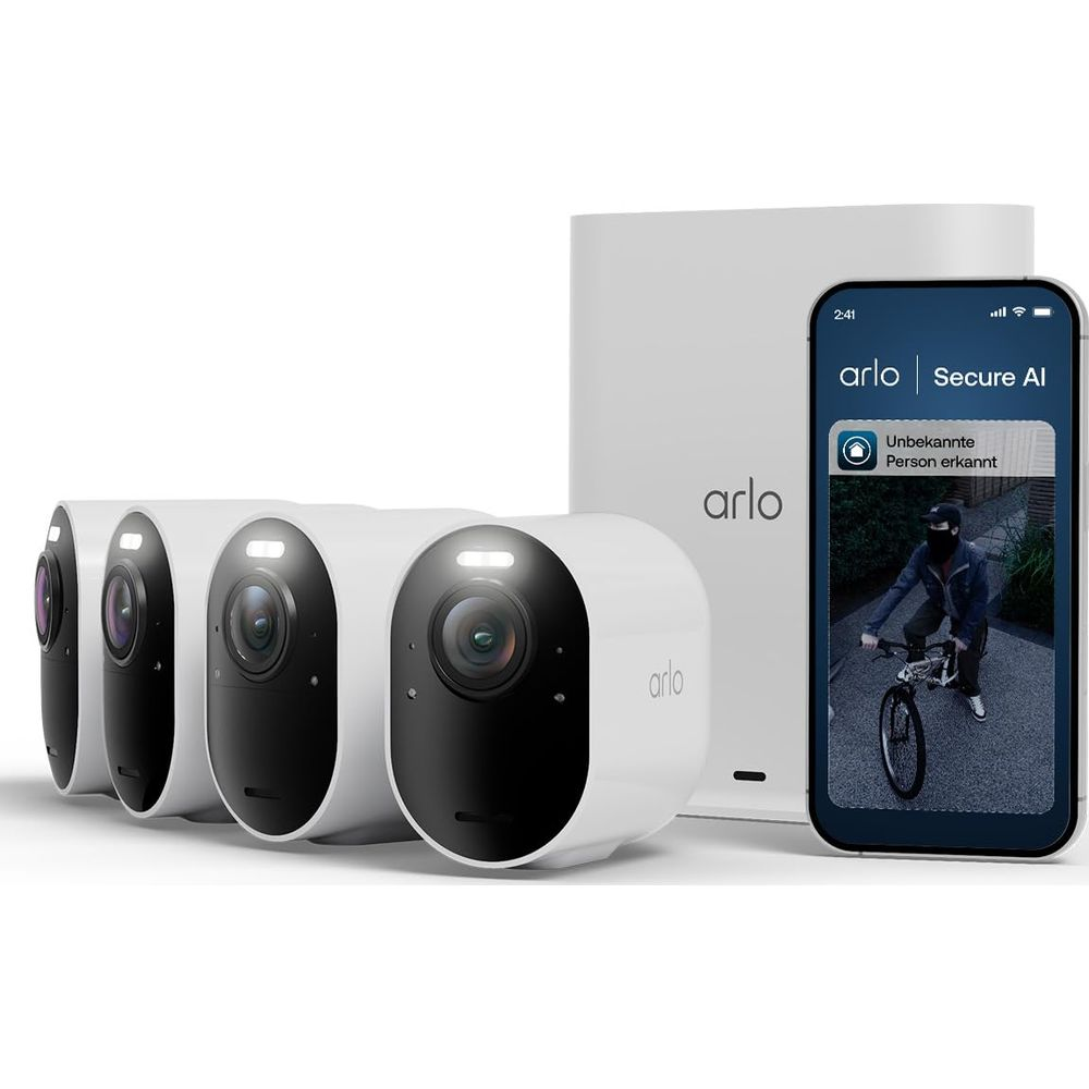 Weiße Arlo Kameras und ein Smartphone mit Benachrichtigung über erkannten Unbekannten.