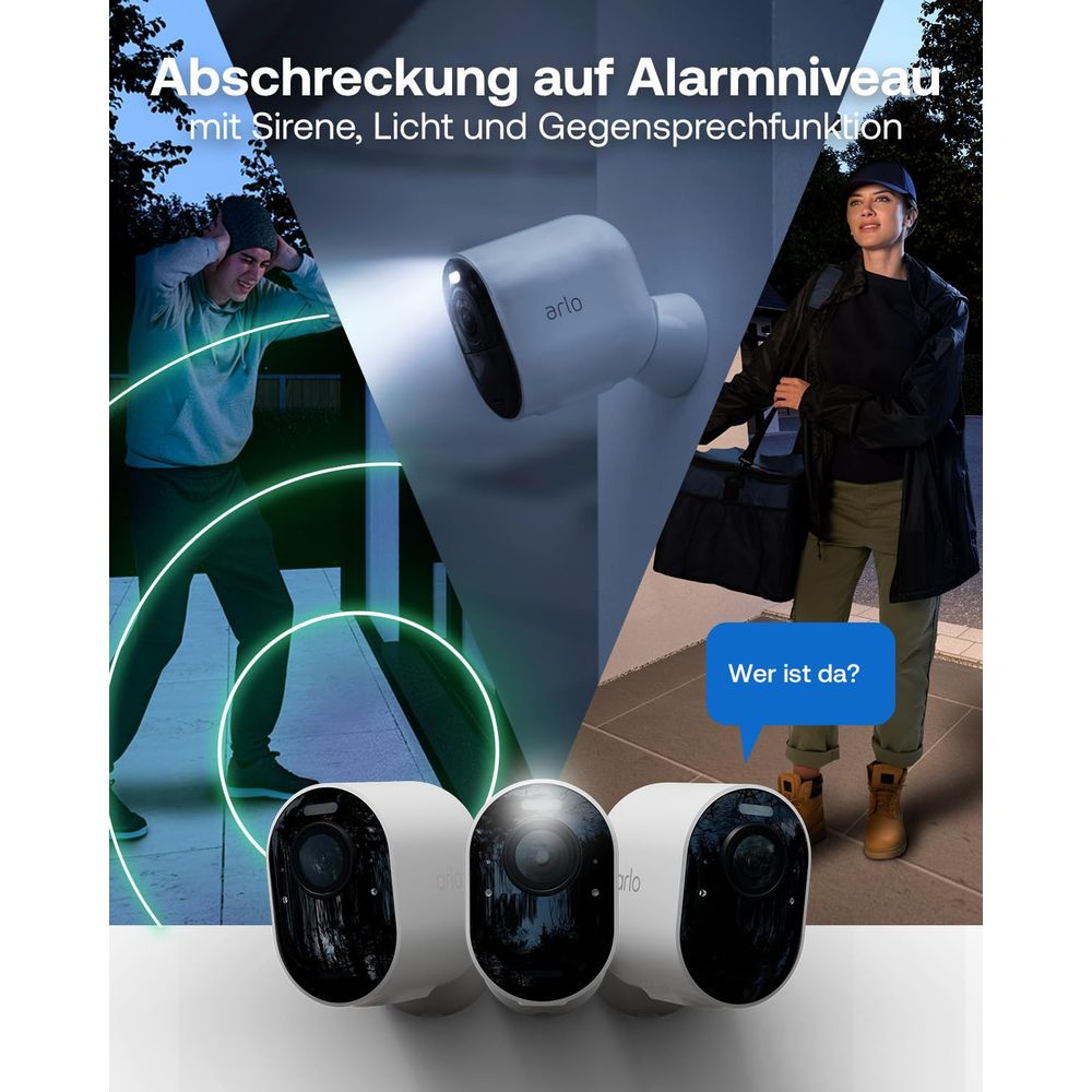 Sicherheitskamera mit Sirene, Licht und Gegensprechfunktion.