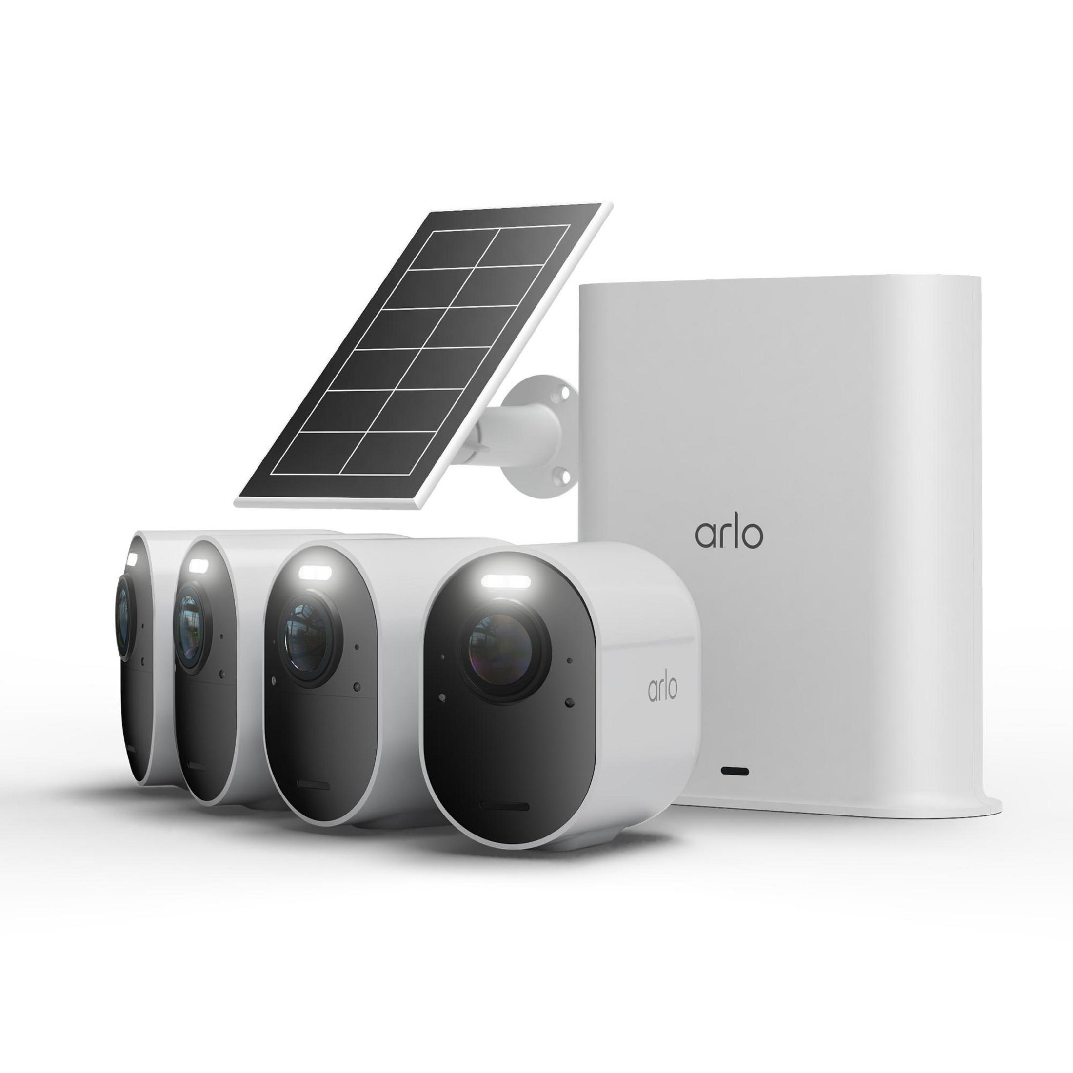 Weiße Arlo-Sicherheitskameras, Solarpanel und Basisstation auf weißem Hintergrund.