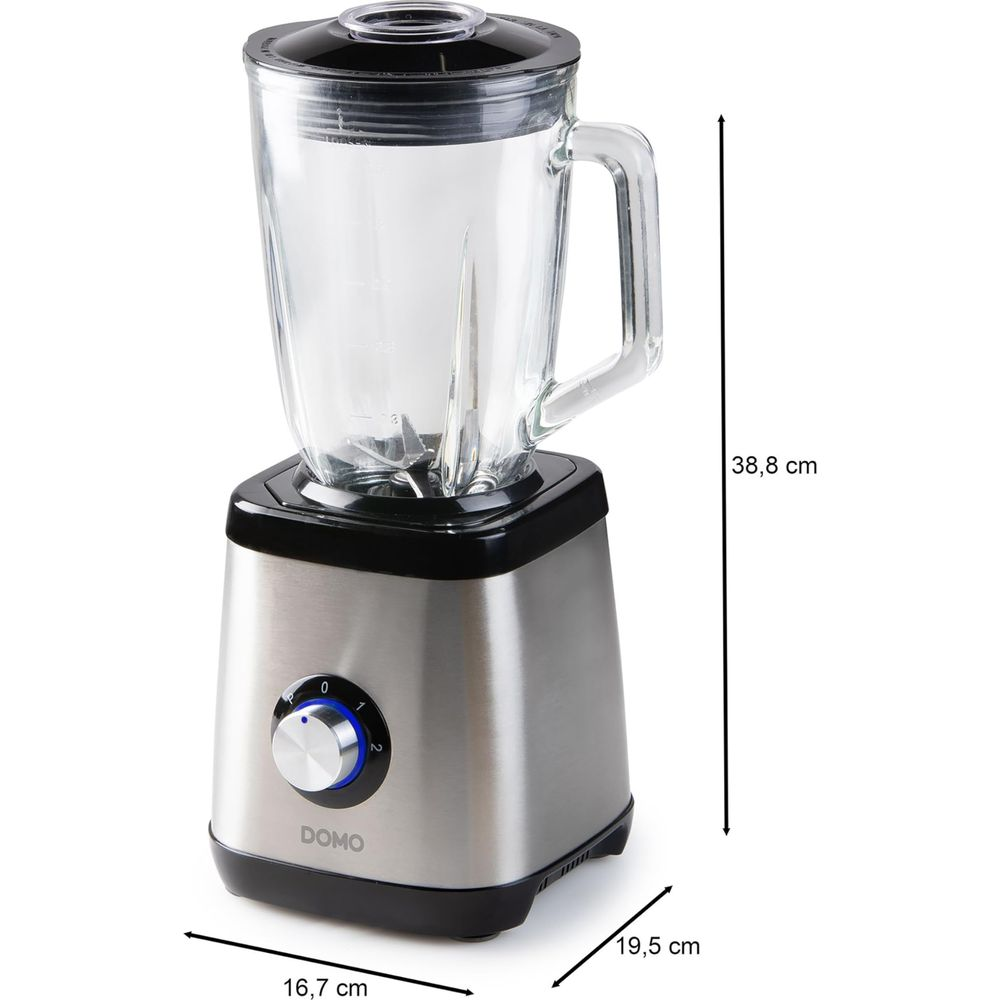 Blender en acier inoxydable avec bocal en verre, couvercle noir. Cadran de commande et dimensions visibles.