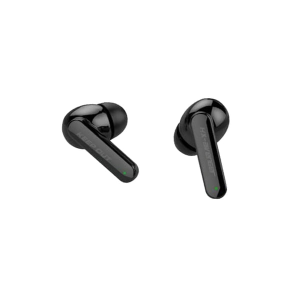 Due auricolari wireless neri con luci verdi su sfondo bianco.