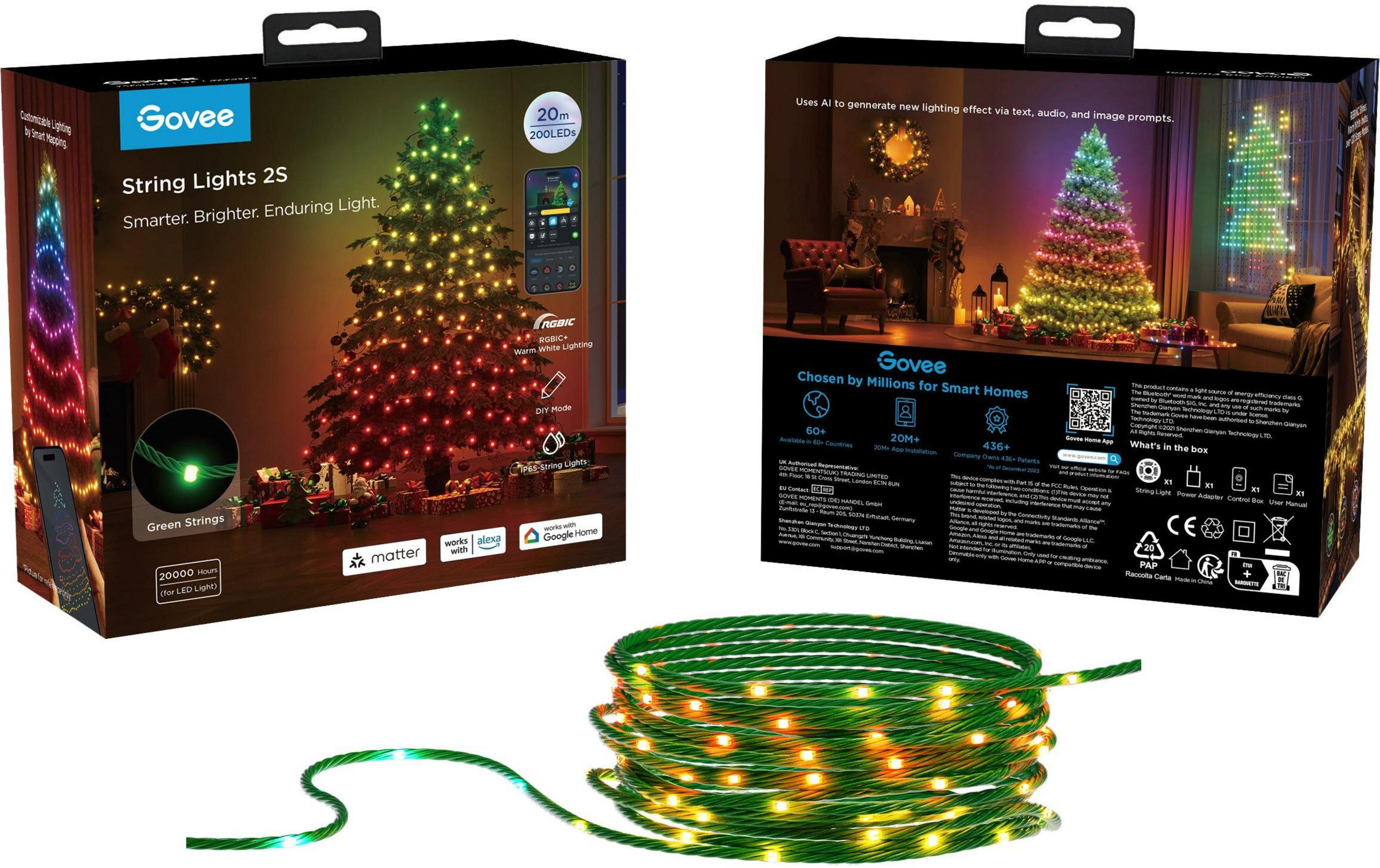 Govee Lichterkette mit zwei Verpackungen, eine für einen Weihnachtsbaum und eine aufgerollte Lichterkette.