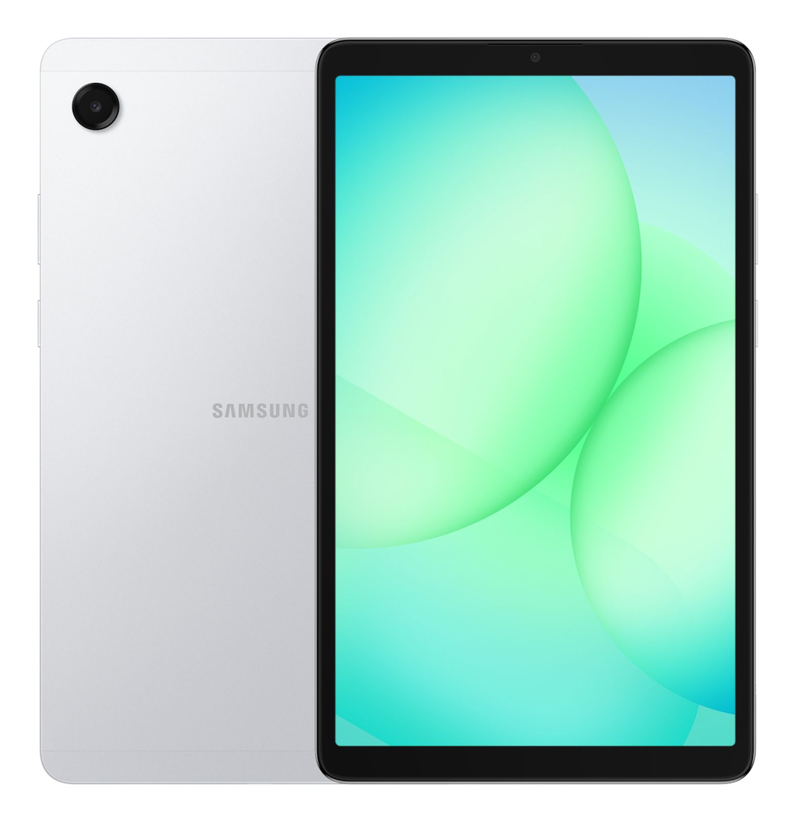 Silbernes Samsung Tablet mit schwarzem Rahmen und grün-blauem Bildschirmhintergrund.