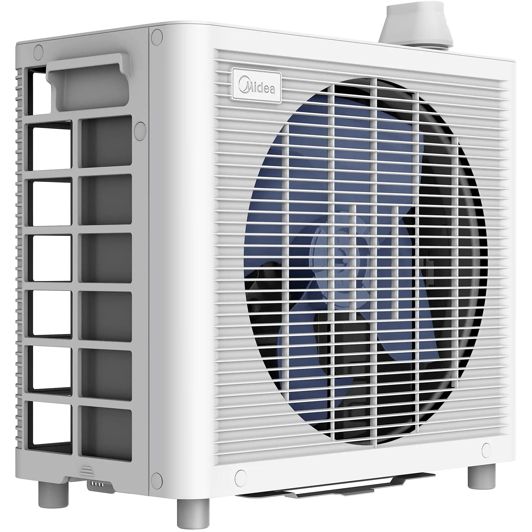 Witte Midea buitenunit met blauwe ventilatorbladen zichtbaar door een lamellenrooster.