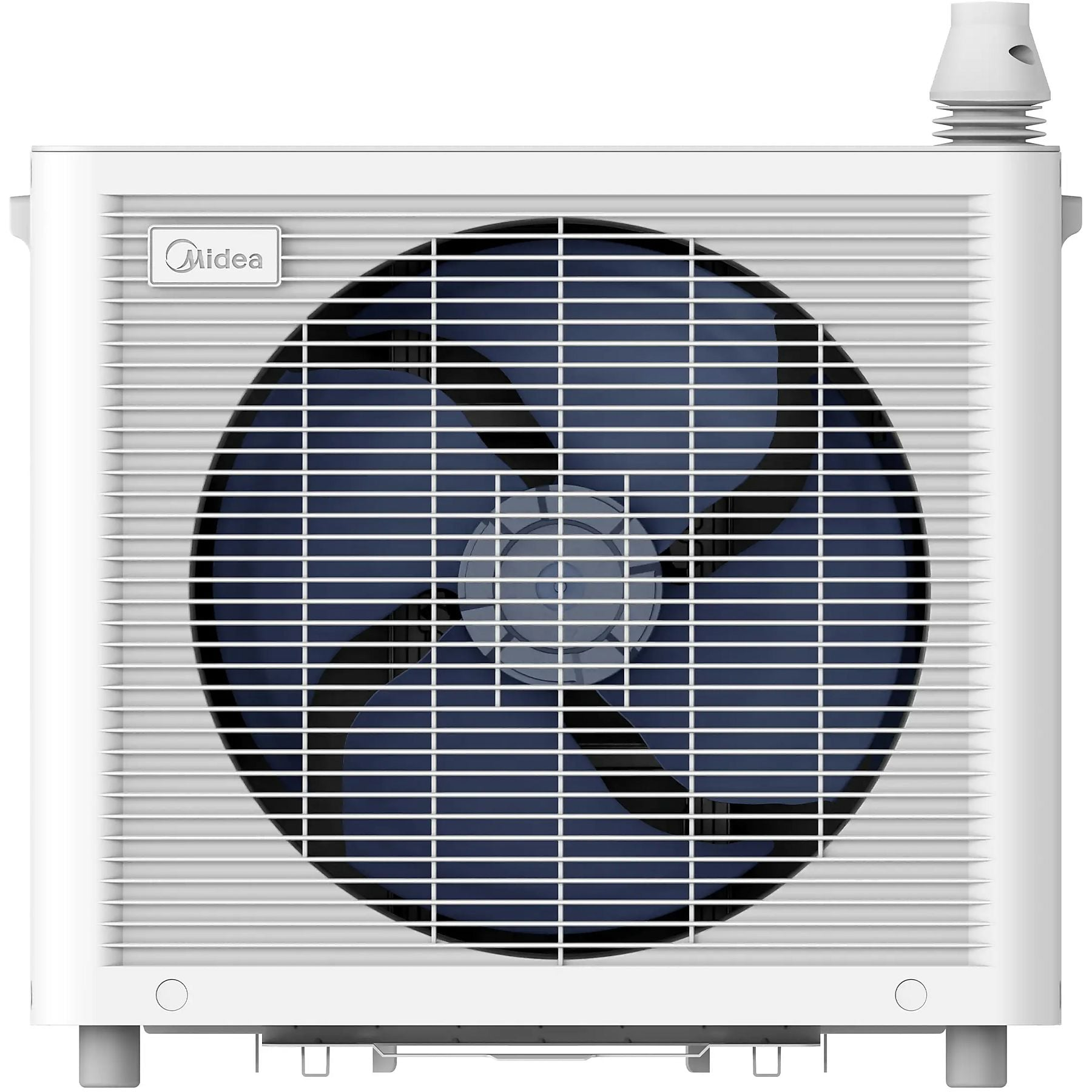 Een witte buitenunit van een airconditioner met een blauwe ventilator achter een rooster.