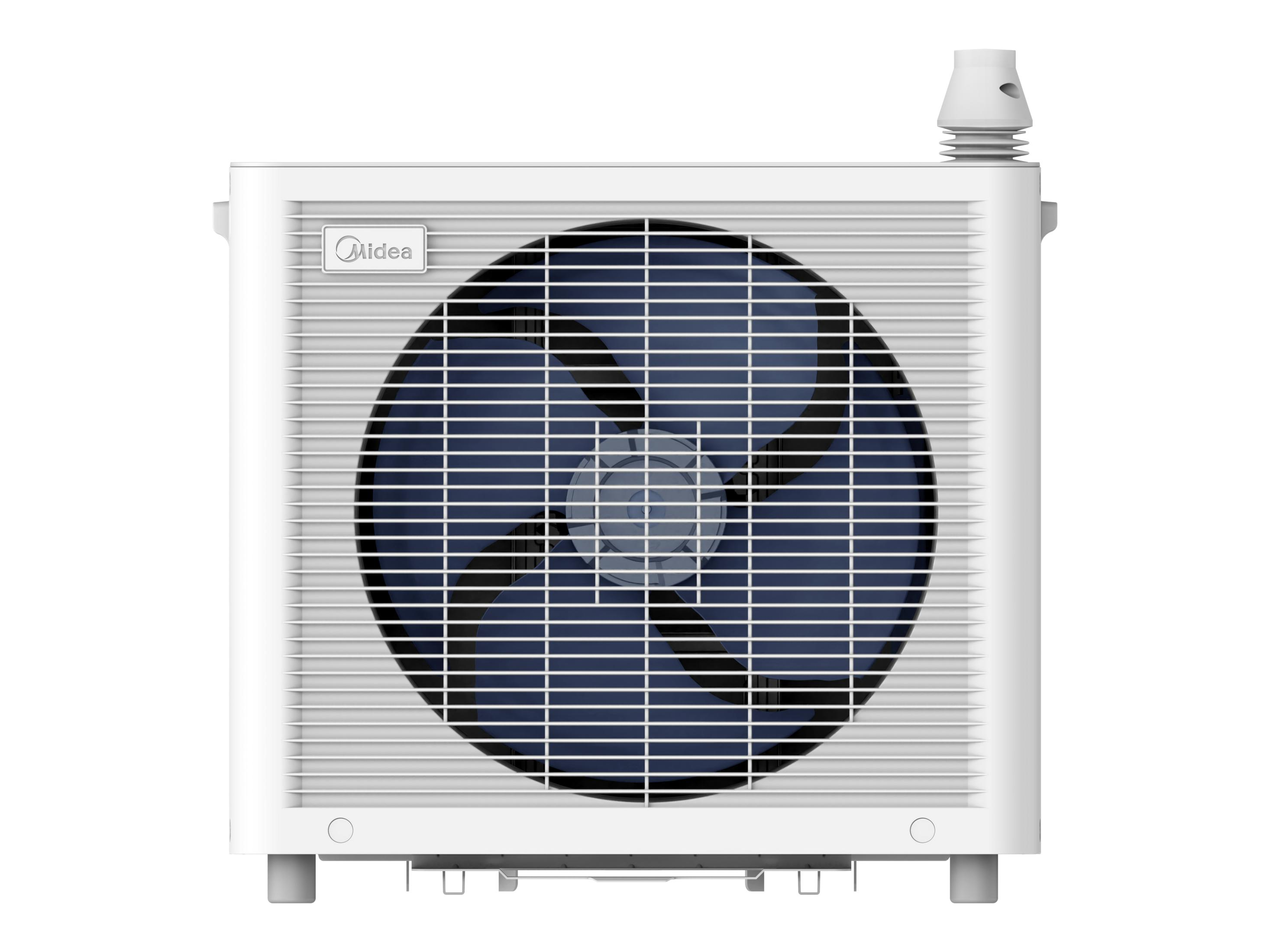 Een wit buitenunit airconditioner met blauwe ventilator en Midea logo.