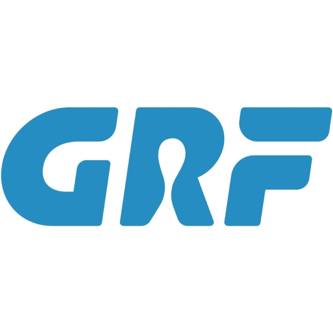 Logo GRF blu su sfondo bianco.
