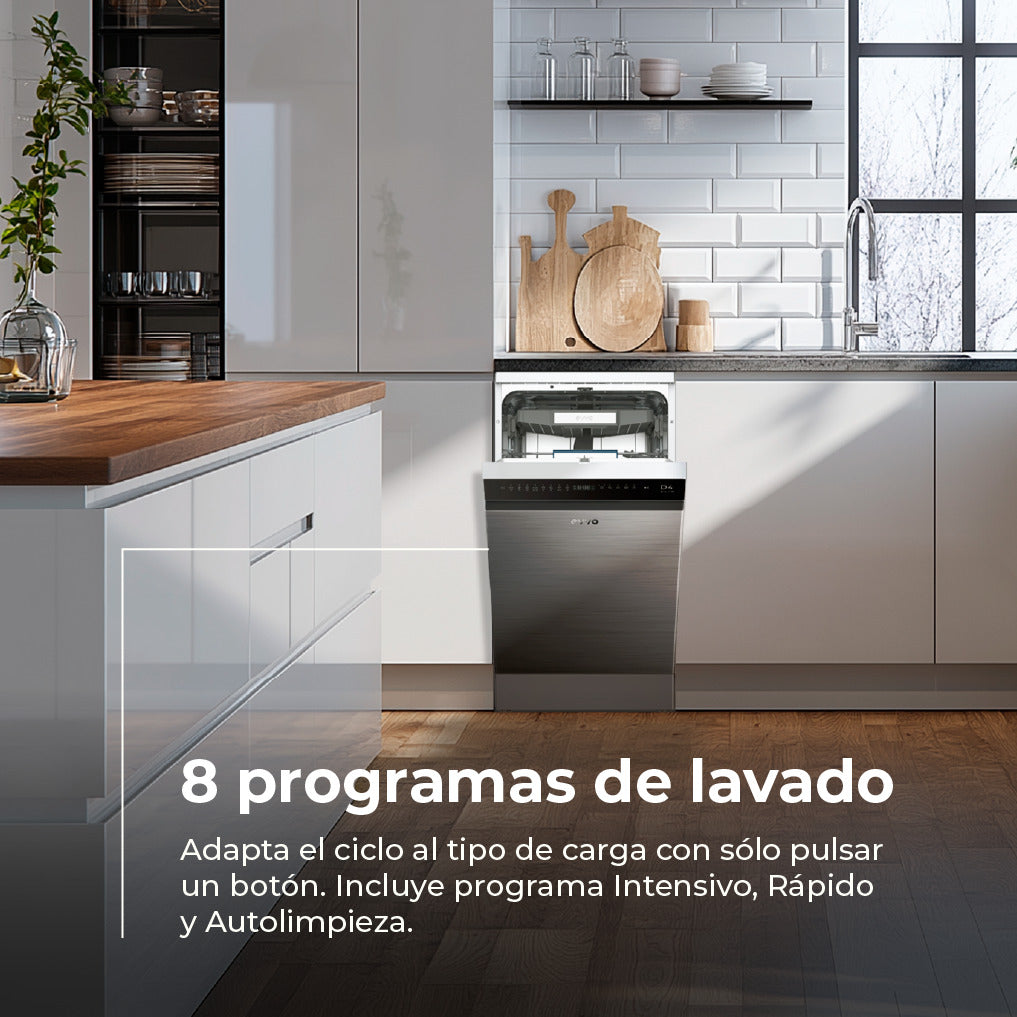 Una cocina moderna con un lavavajillas abierto y texto.