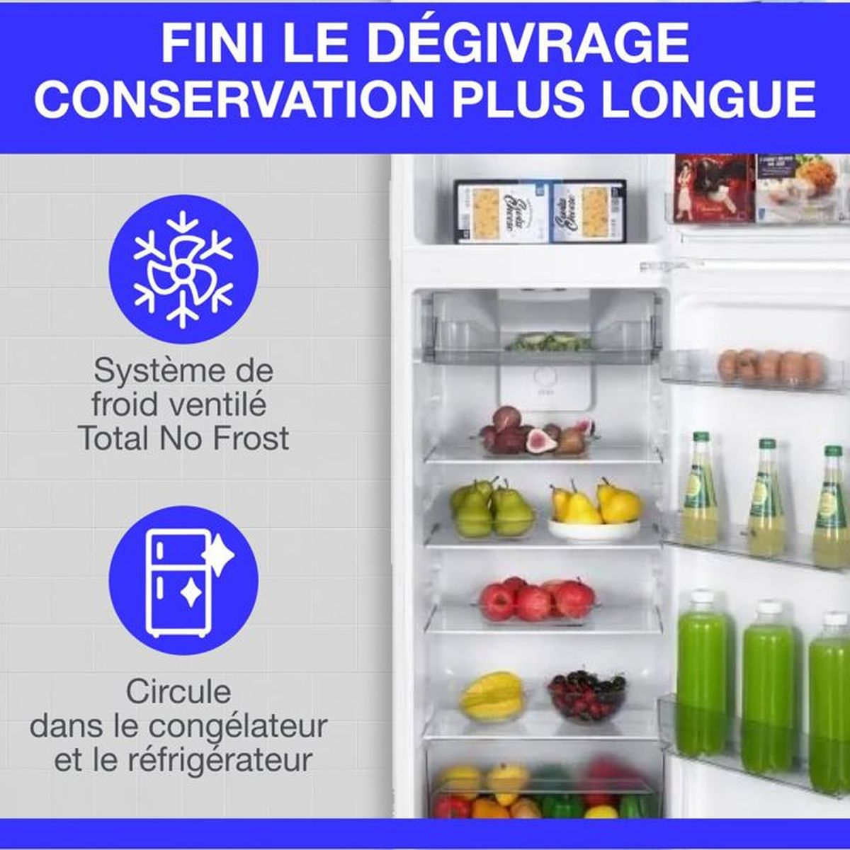 Kühlschrank mit Obst, Gemüse, Eiern, Getränken und verpackten Lebensmitteln.