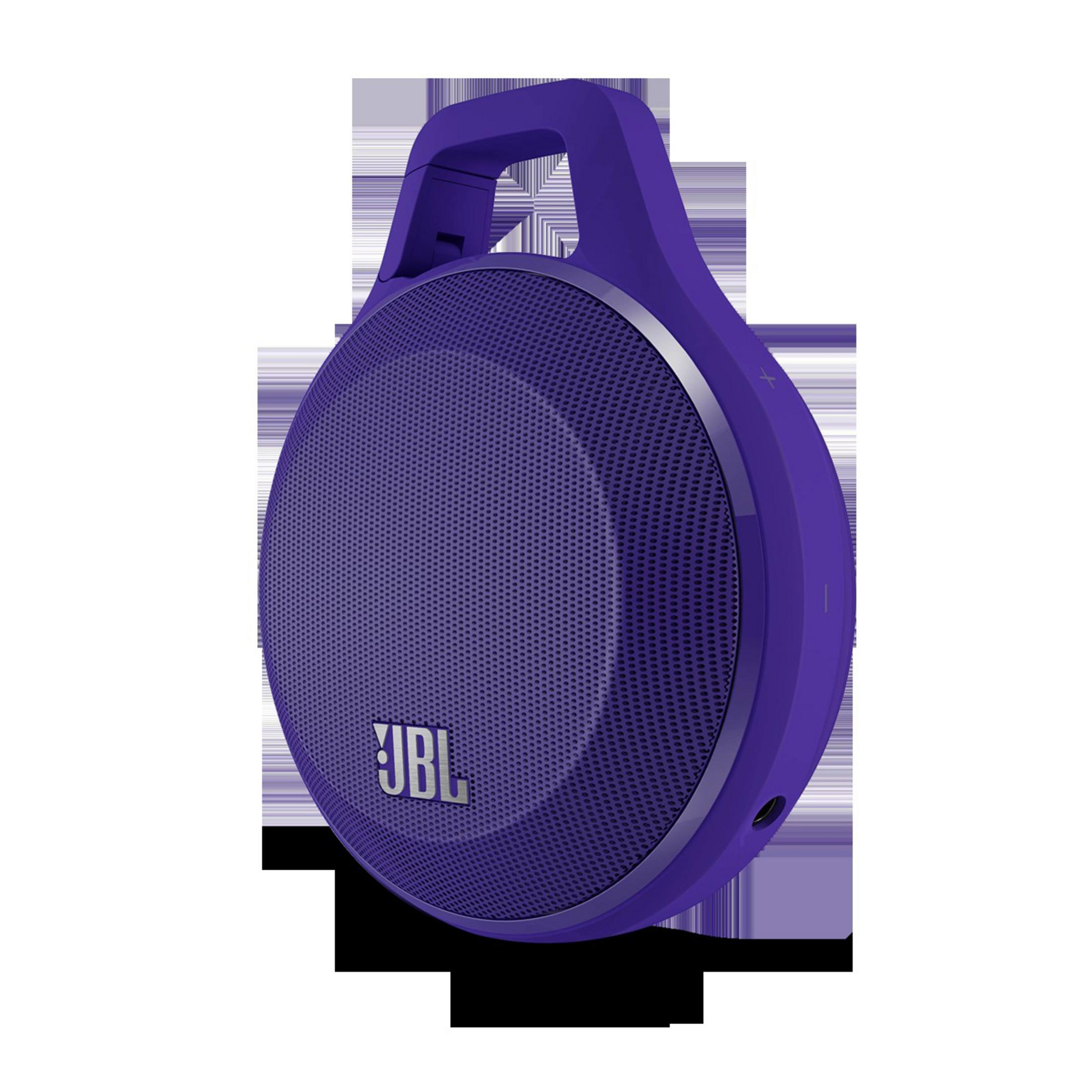 Lila JBL Bluetooth-Lautsprecher mit Tragegriff und silbernem Ring.