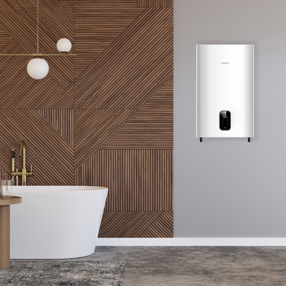 Un baño moderno con bañera exenta, pared de acento de madera y calentador de agua blanco.