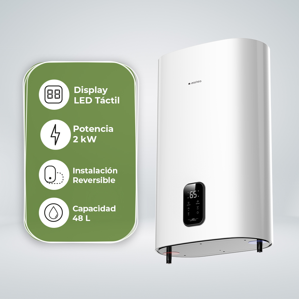 Calentador blanco con panel verde: pantalla LED, 2kW potencia, 48L capacidad.