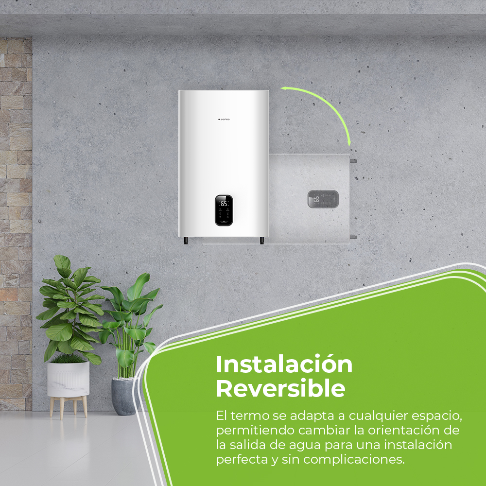 Un calentador de agua blanco con pantalla digital cuelga en una pared de hormigón junto a una unidad más pequeña.