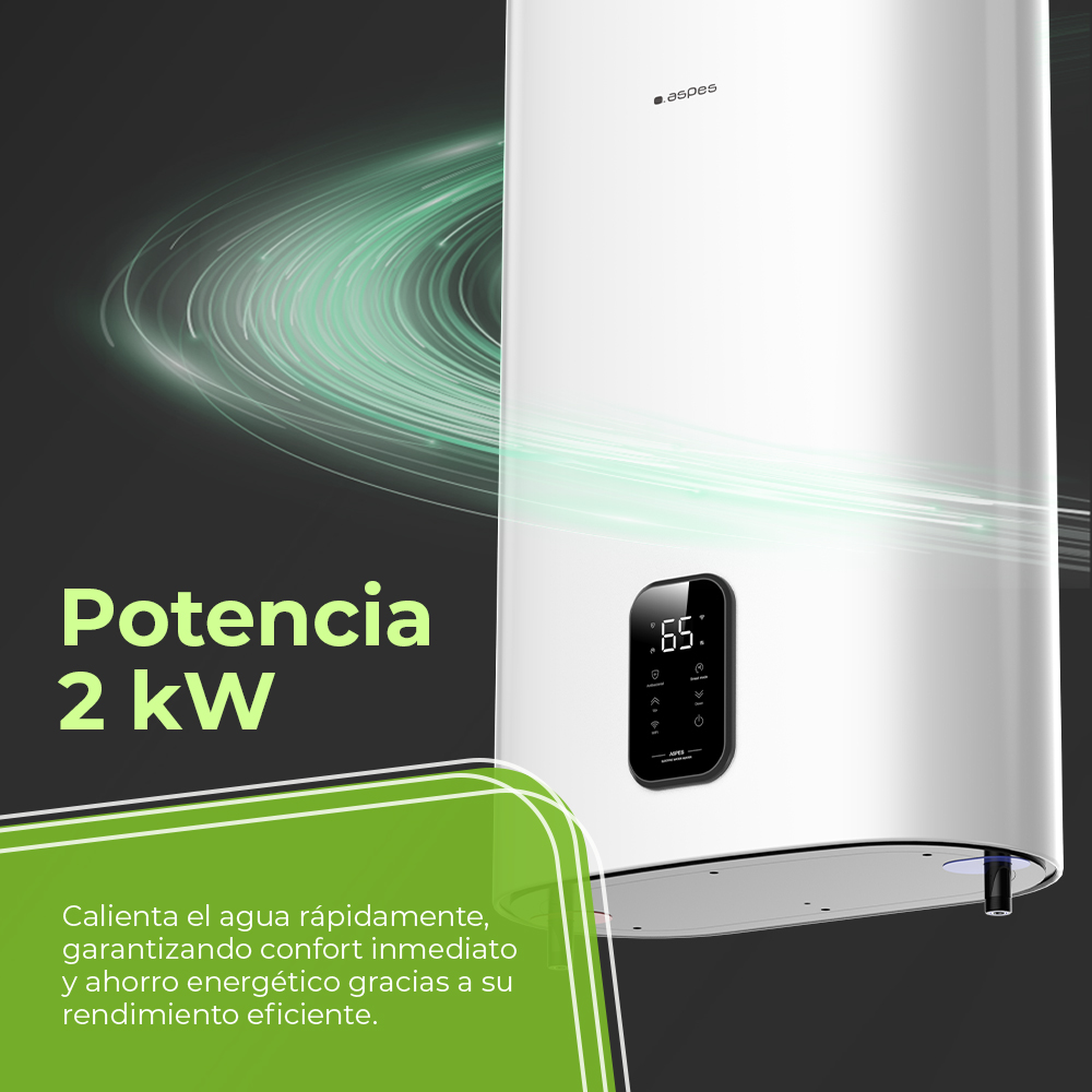 Un calentador de agua blanco con pantalla digital que muestra 65°C.