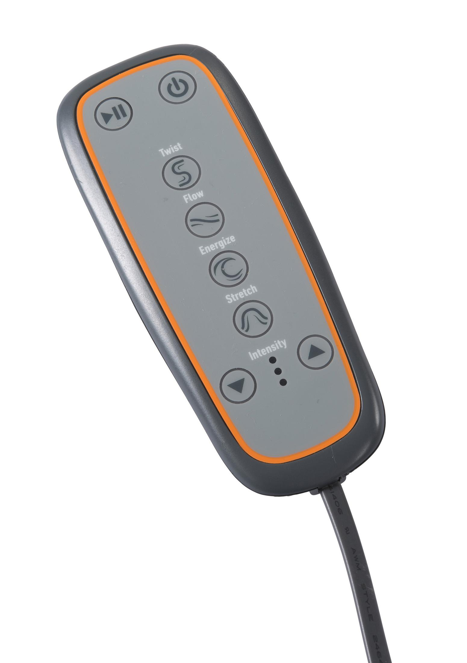 Grauer Massagegerät-Controller mit orangefarbenem Rand und Symbolen für Power, Twist, Flow, Energize, Stretch, Intensity.
