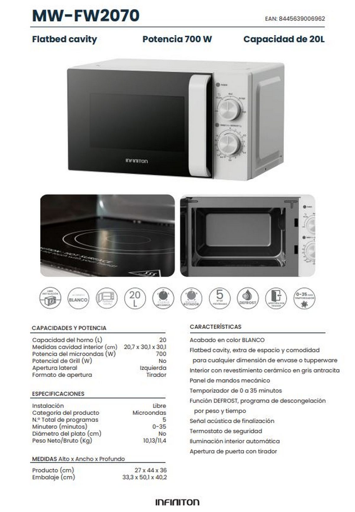 Microondas blanco 20L MW-FW2070, 700W, mandos mecánicos y tecnología flatbed.