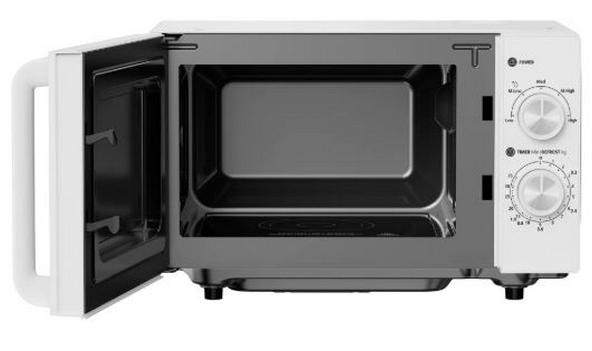 Un horno microondas blanco con la puerta abierta, mostrando el interior y los controles.