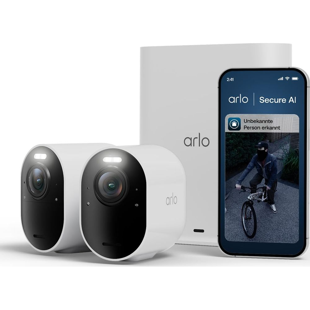 Zwei Arlo-Kameras und ein Smartphone, das eine Person auf einem Fahrrad zeigt.