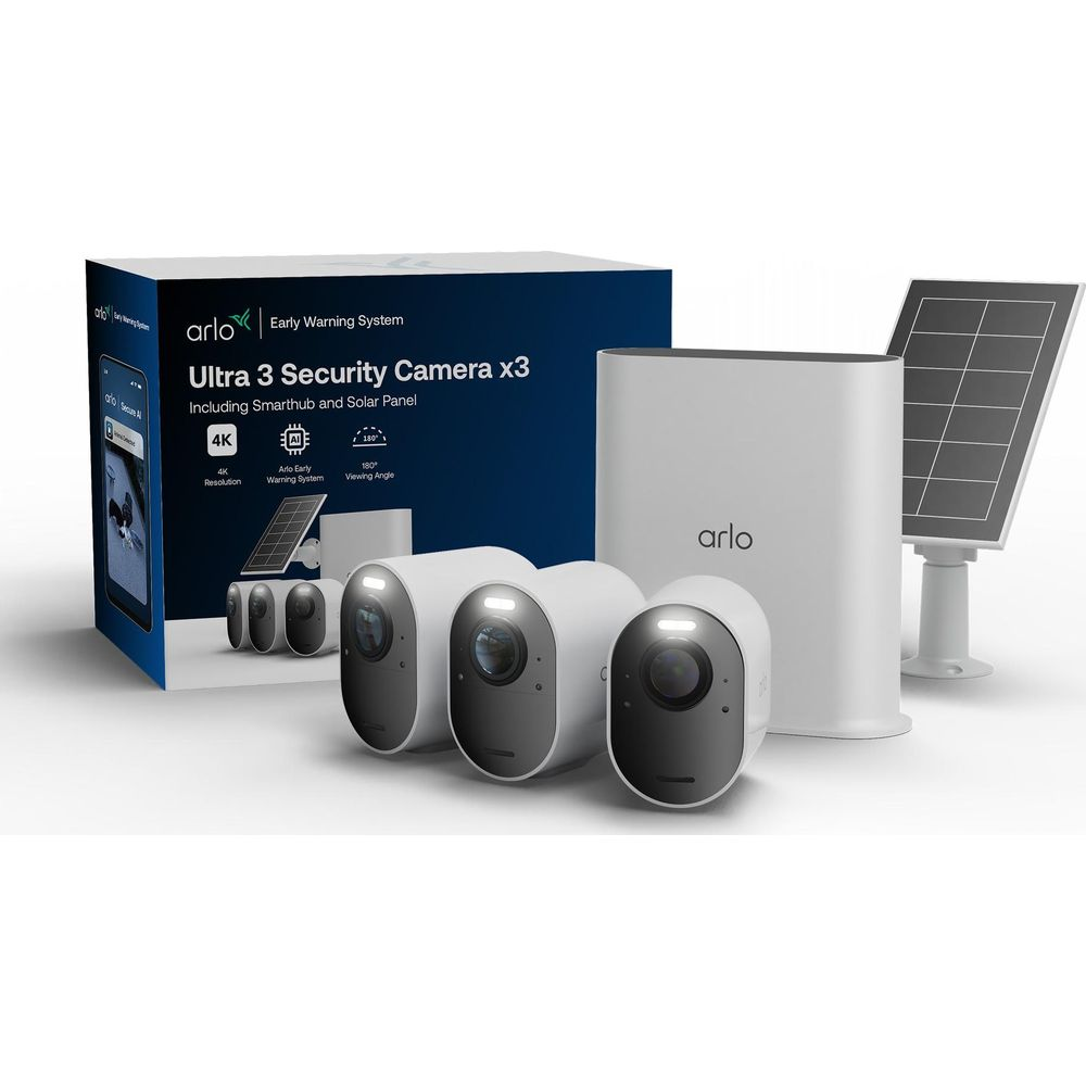 Arlo Ultra 3 Sicherheitskamera-Set mit Smarthub und Solarpanel.
