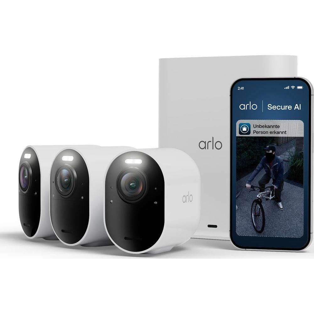 Drei weiße Arlo-Kameras und ein Smartphone mit Benachrichtigung über eine erkannte Person.