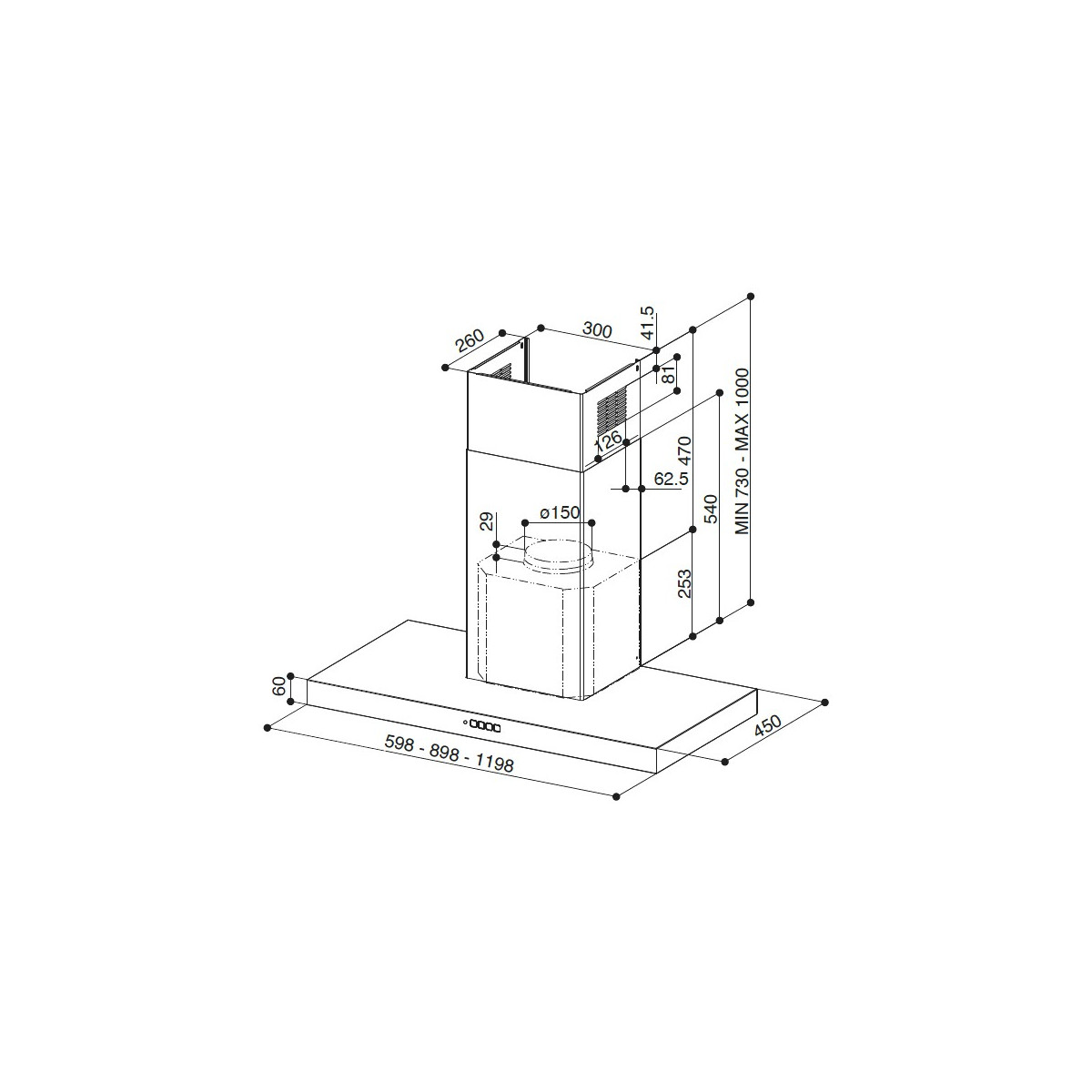 Disegno tecnico di una cappa da cucina con dimensioni e misure.