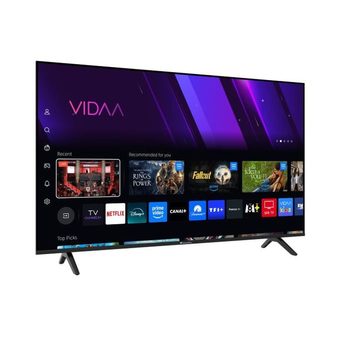 Una TV moderna con menu VIDAA che mostra contenuti e app consigliate.
