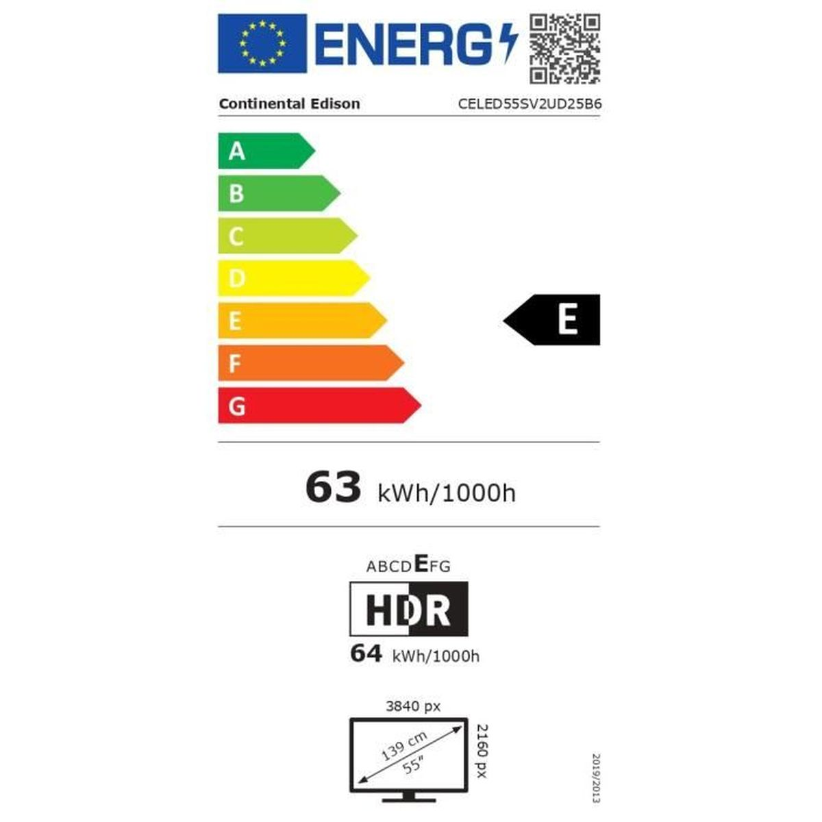 Etichetta energetica TV classe E, 63 kWh/1000h, HDR e 55 pollici.