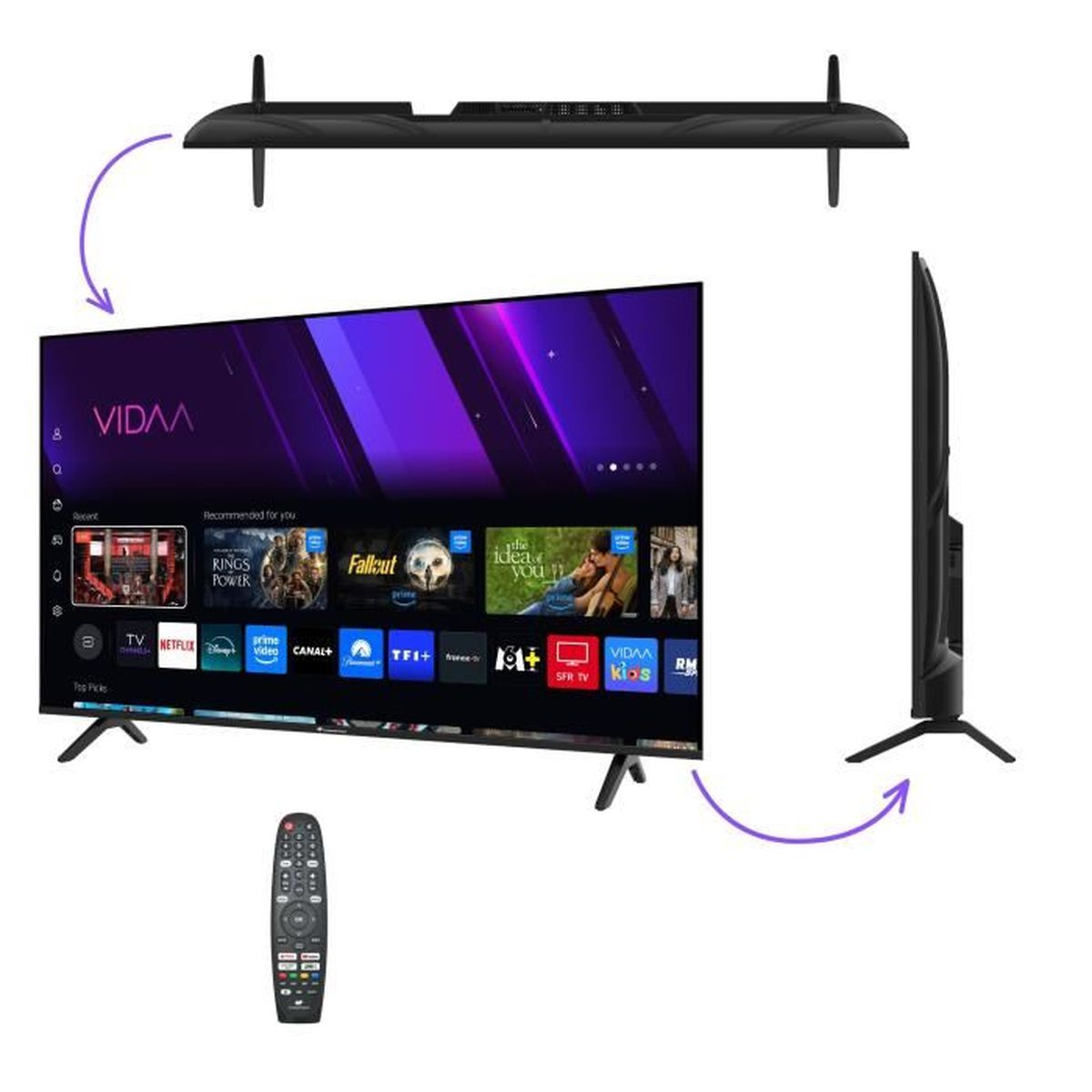 Un televisore moderno che mostra un menu smart TV, con supporto e telecomando.