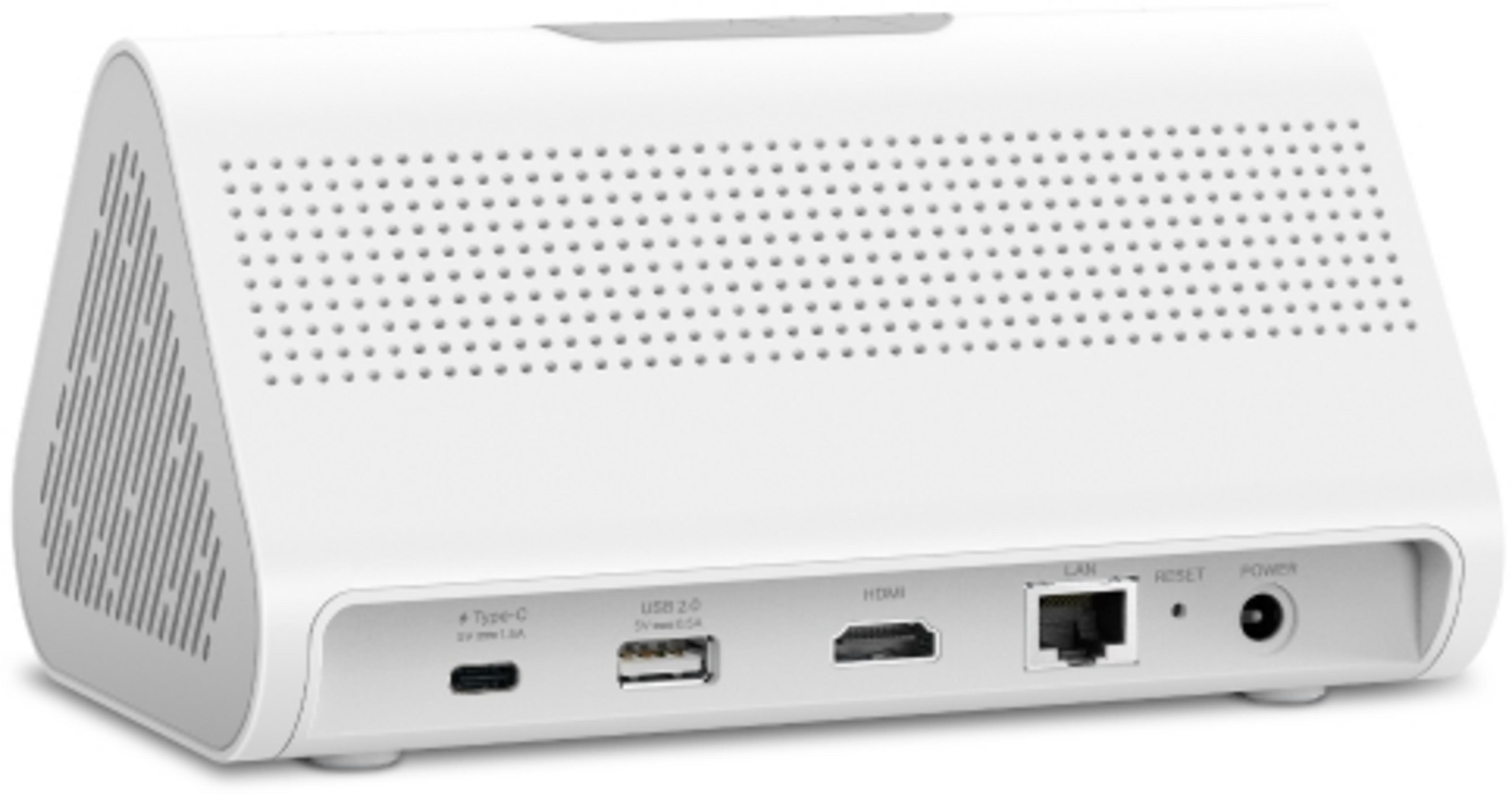 Ein weißes elektronisches Gerät mit Lüftungsschlitzen und Anschlüssen: USB-C, USB-A, HDMI, LAN, Reset und Strom.