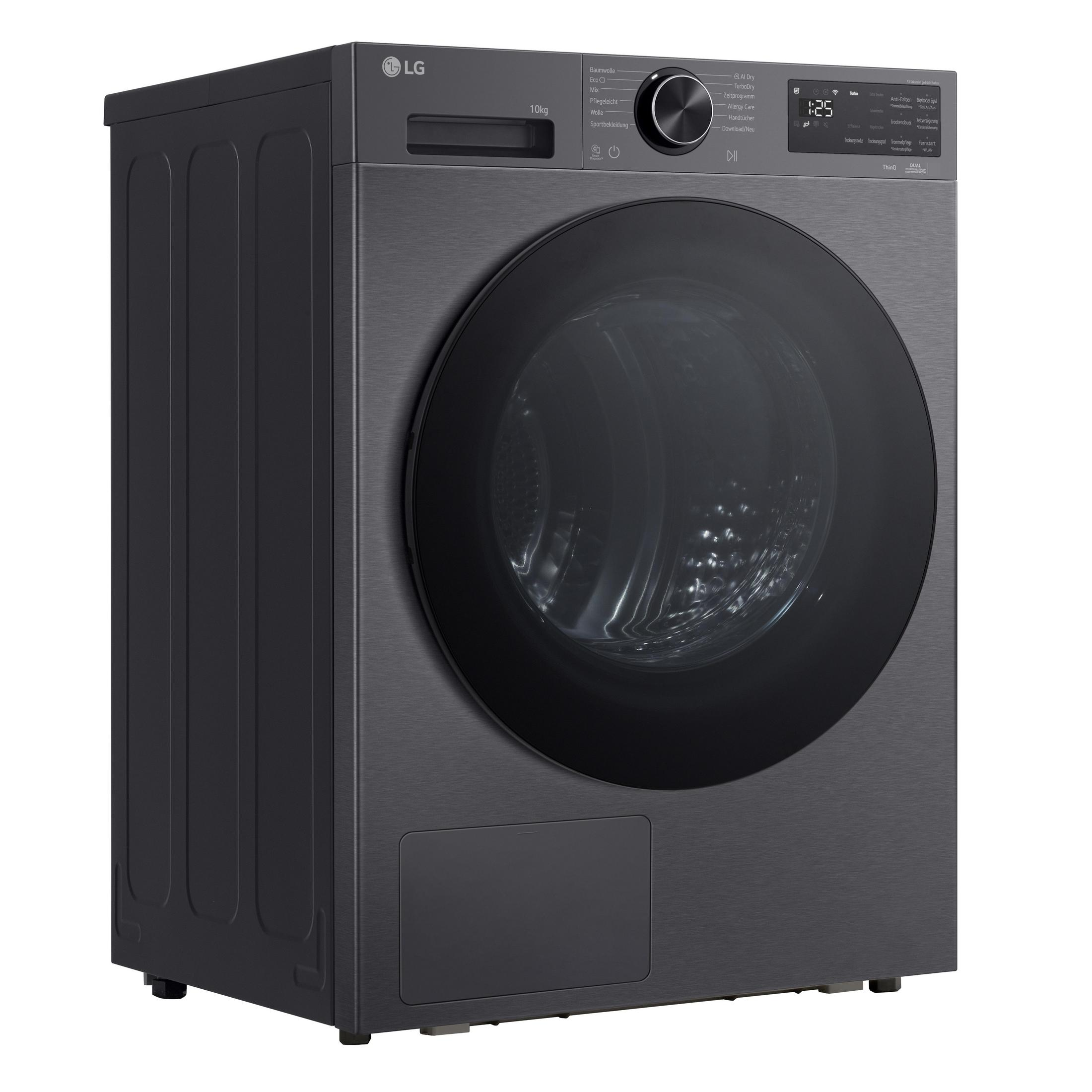 Eine graue LG-Waschmaschine mit großer runder Tür und digitalem Display.