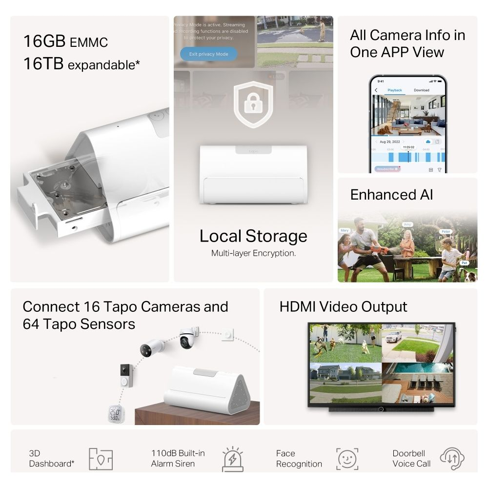 Mehrere Funktionen eines Überwachungsgeräts: Speicher, KI, App-Ansicht, HDMI-Ausgabe.