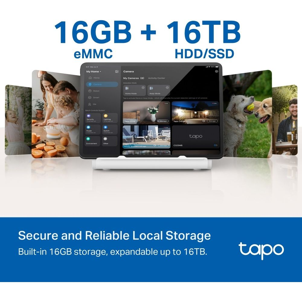 Tablet zeigt Tapo Kameras; 16GB eMMC + 16TB Speicher.