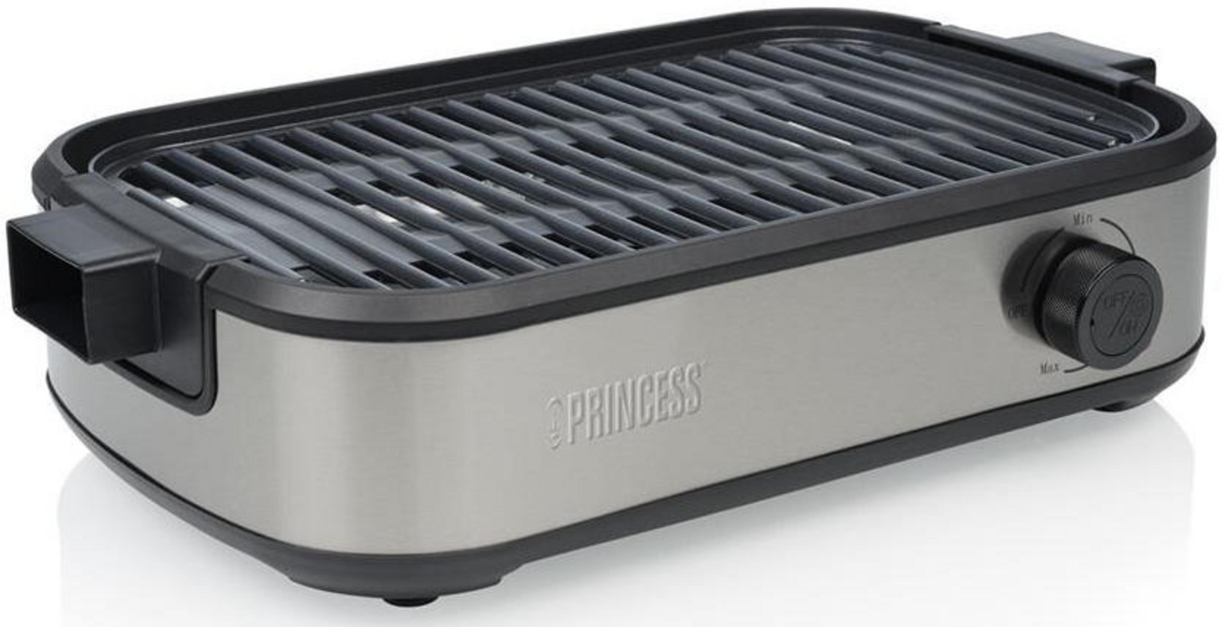 Ein silberner Kontaktgrill mit schwarzem Rost und Drehknopf.