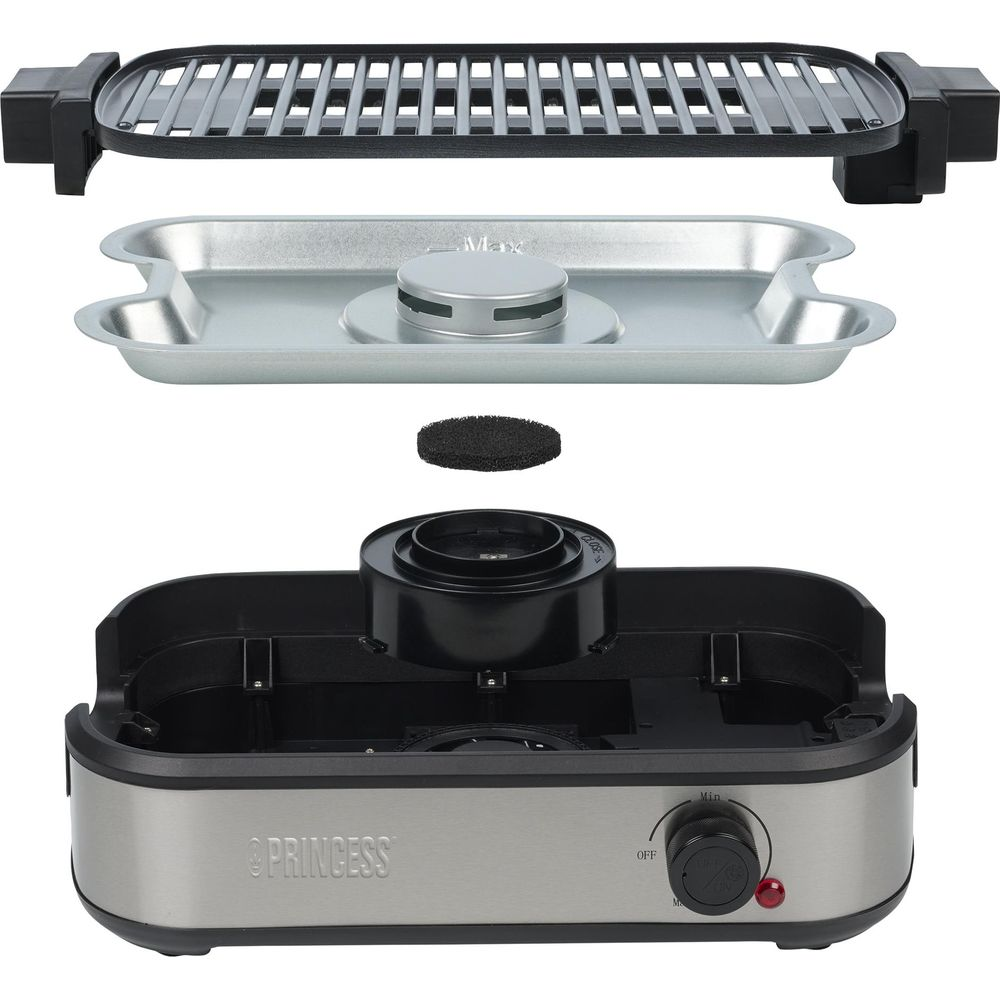 Zerlegte elektrische Grillplatte mit Wassertank, Grillrost, Lüfter und Sockel.