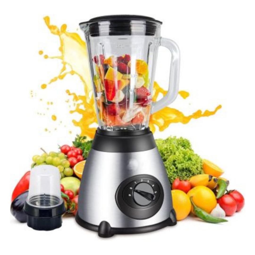 Ein Mixer mit Obst und Gemüse, umgeben von einer Saftspritzerei.