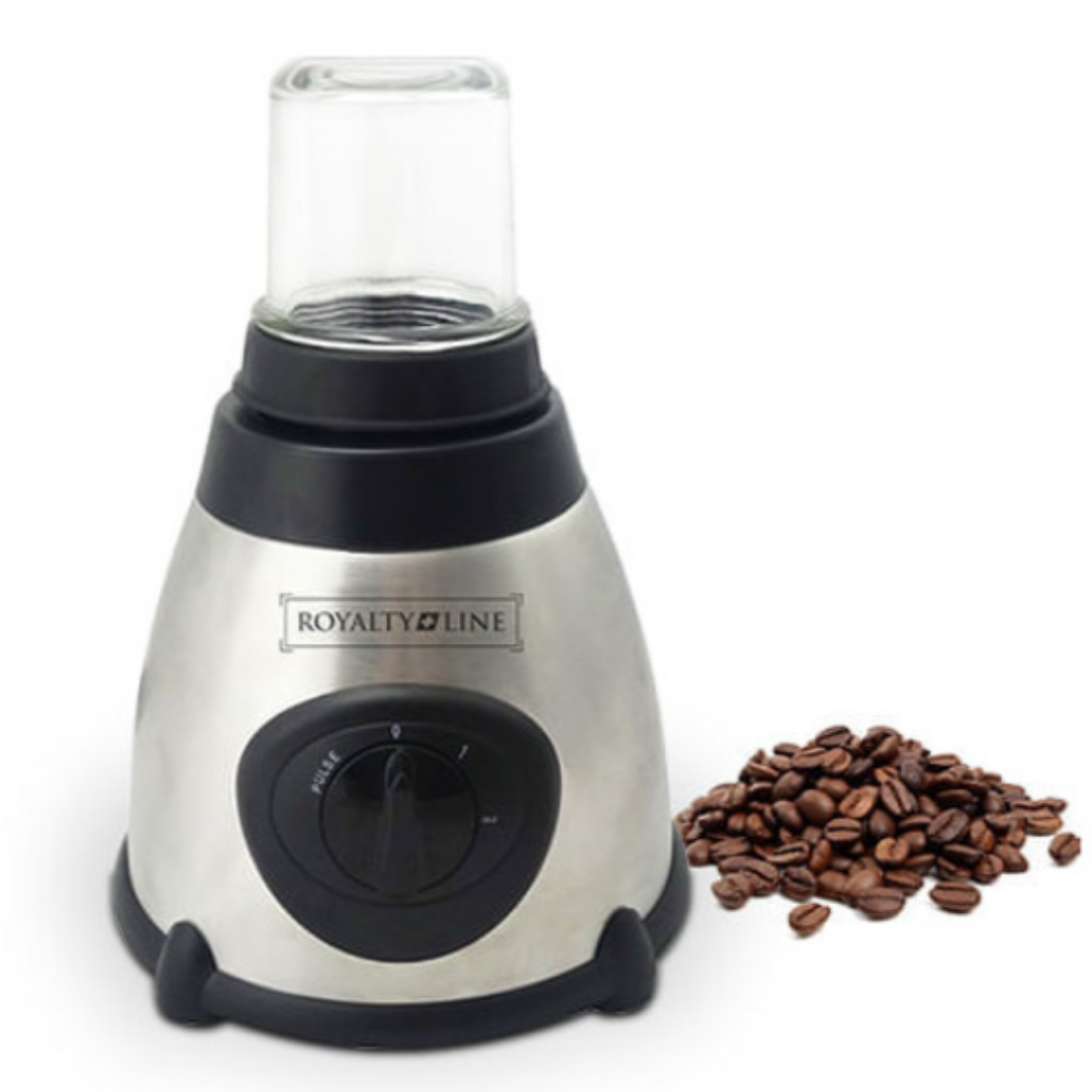 Ein silberner Kaffeemühle mit schwarzem Deckel und Glaseinsatz neben einer Kaffeebohnen.
