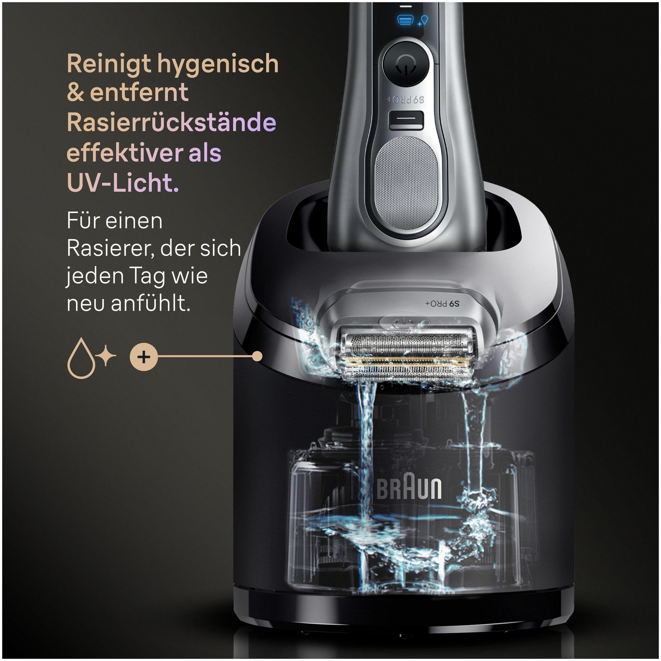 Ein Braun Rasierer in einer Reinigungsstation mit sprudelndem Wasser.