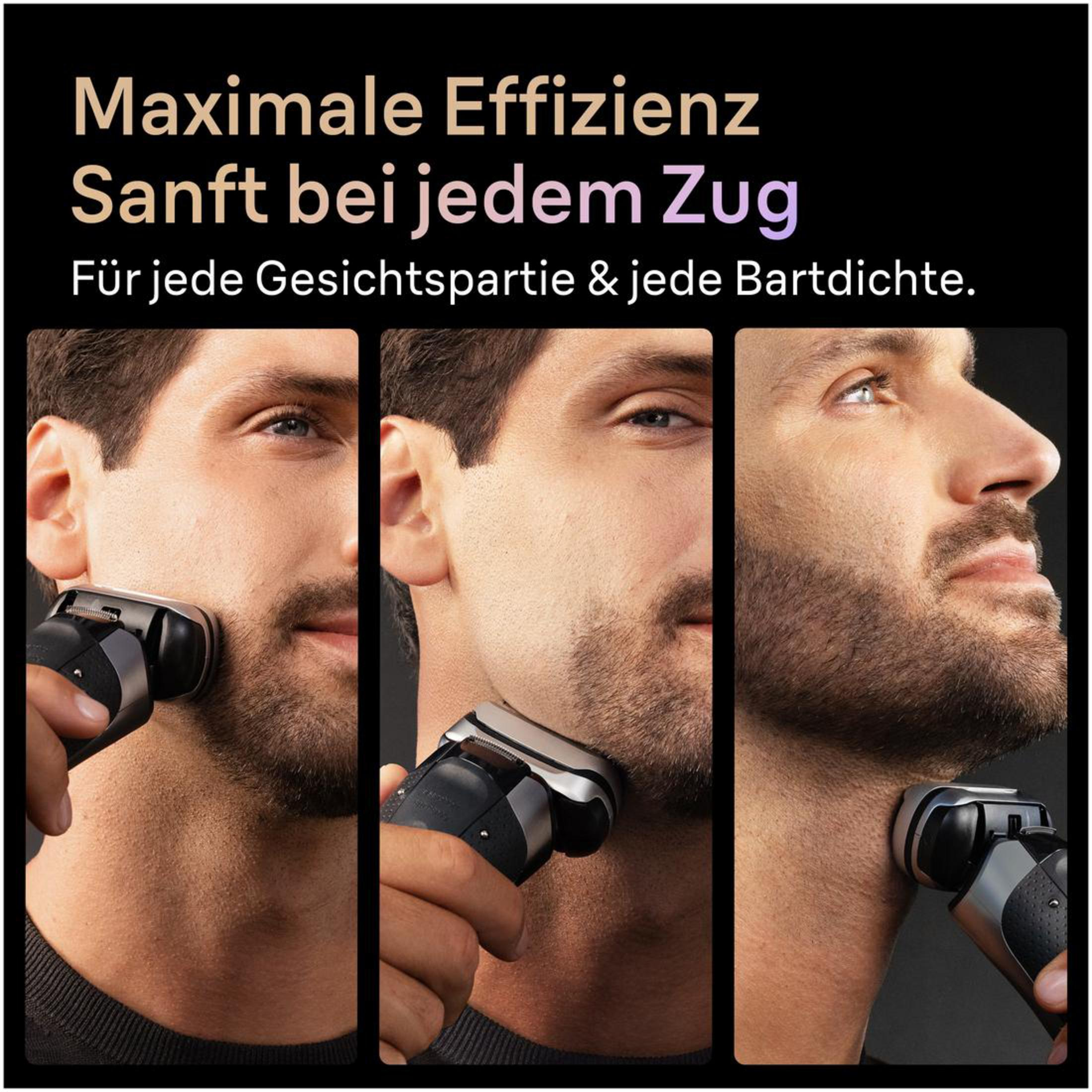 Mann rasiert sich mit einem Elektrorasierer im Gesicht und am Hals.