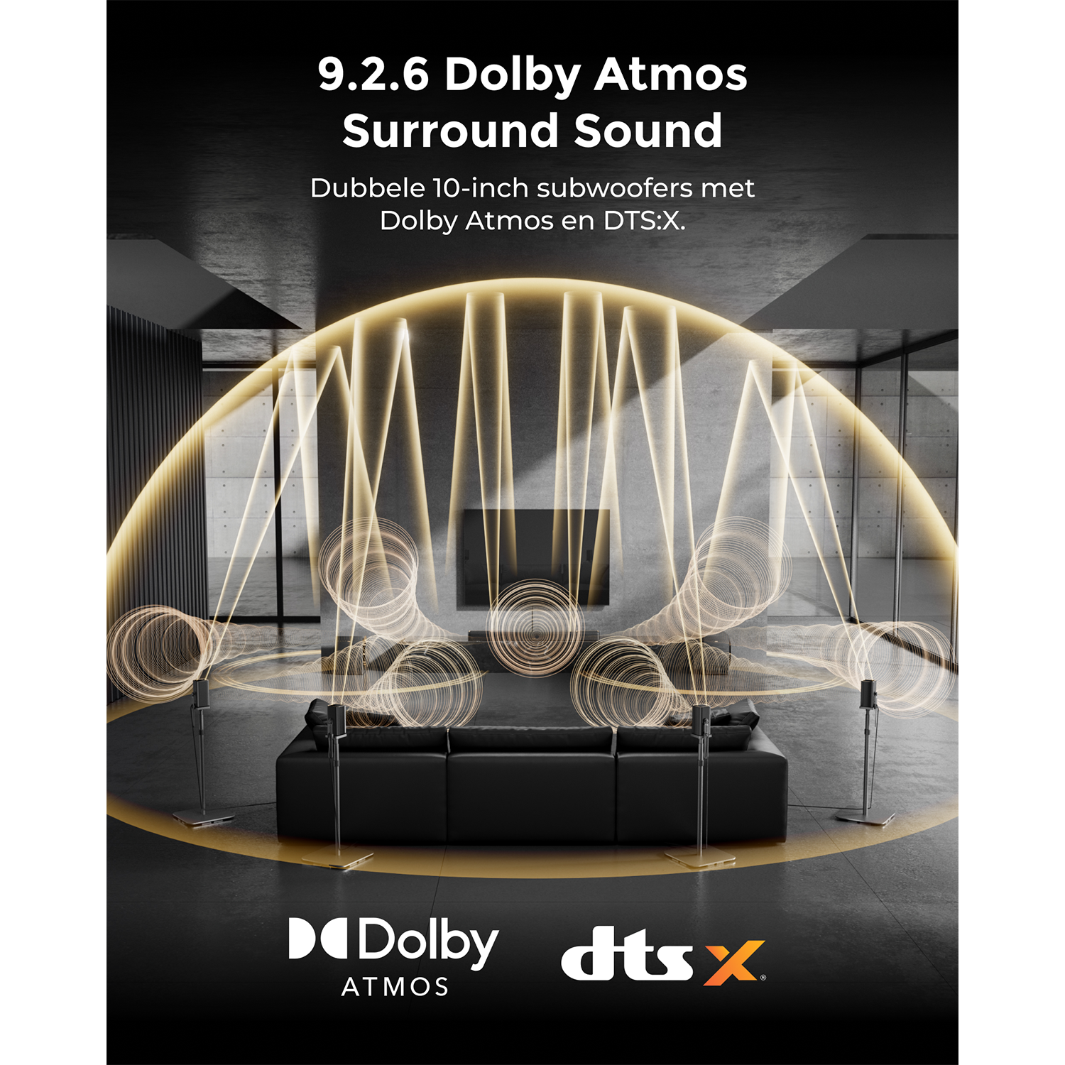 Zwarte bank met Dolby Atmos en DTS:X geluidsgolven visualisatie.