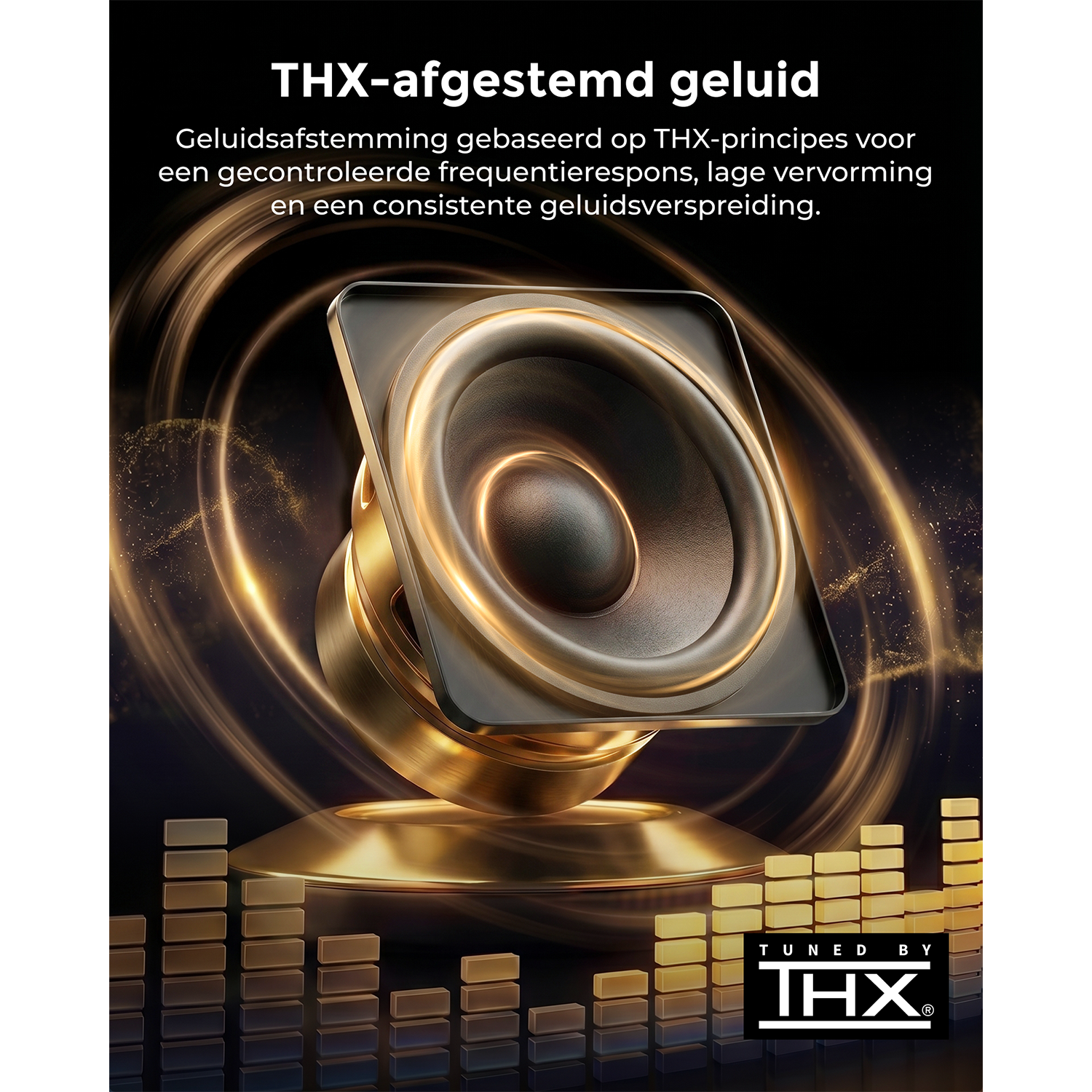 Gouden luidspreker met THX-logo en equalizer-balken.