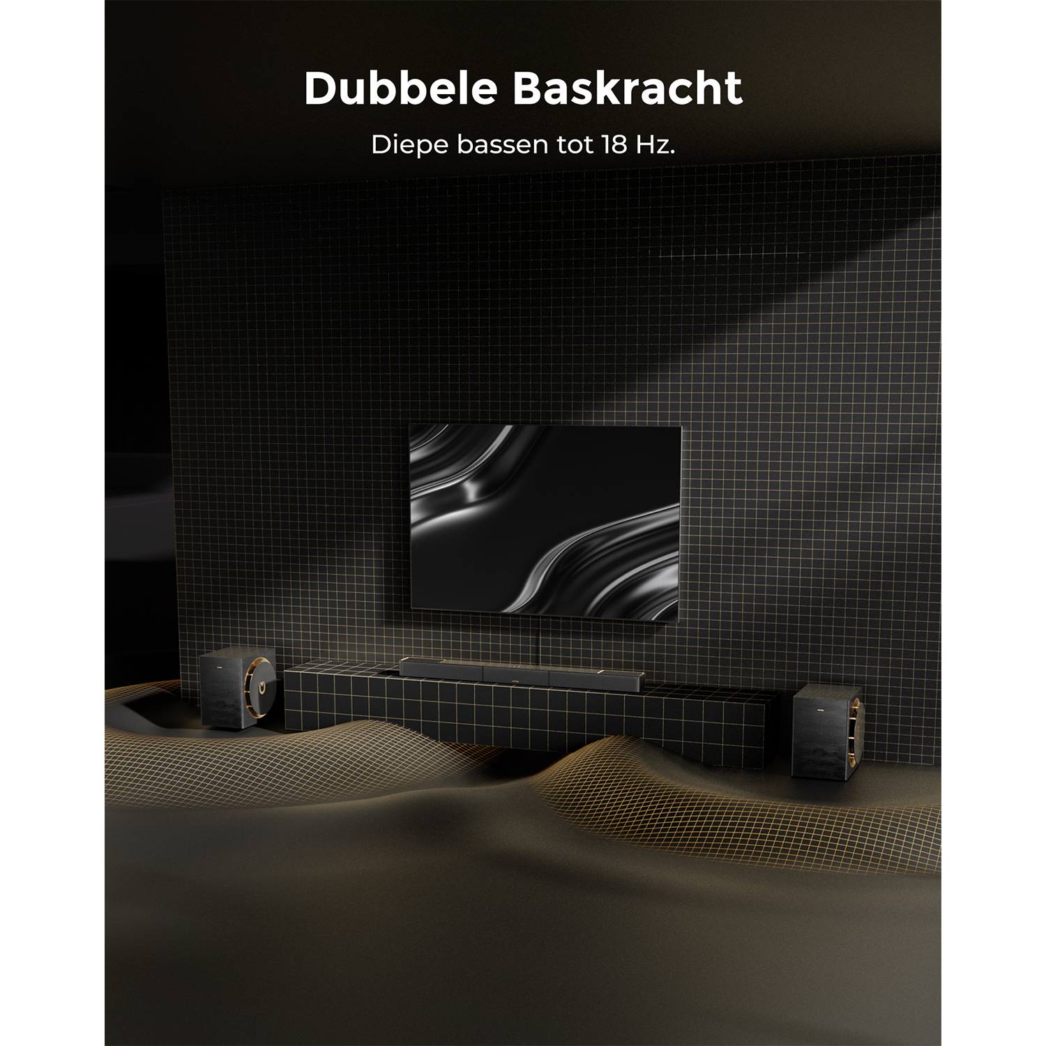 Een donkere kamer met een tv, soundbar en twee luidsprekers.