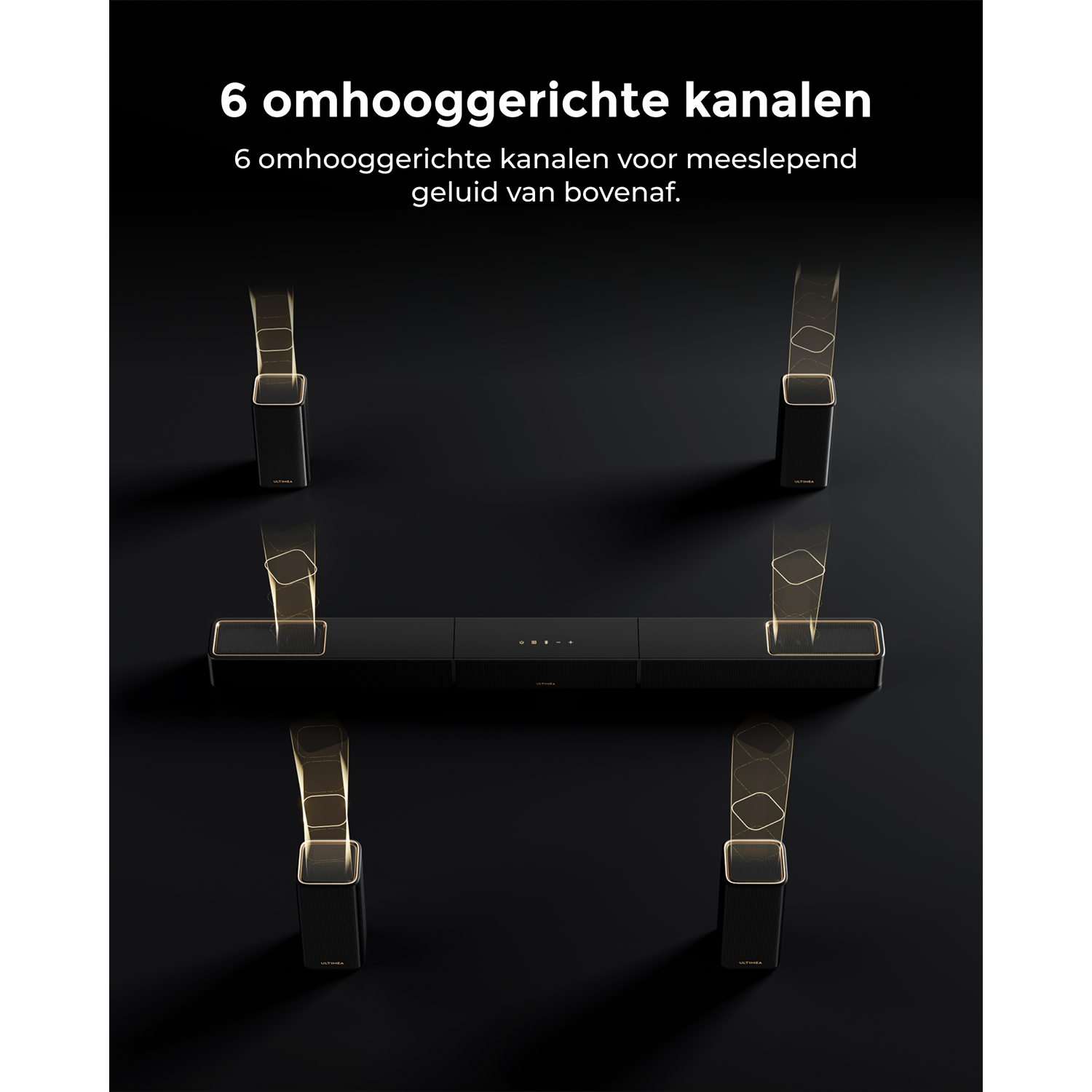 Zwarte soundbar met zes omhoog gerichte luidsprekers en gouden accenten.