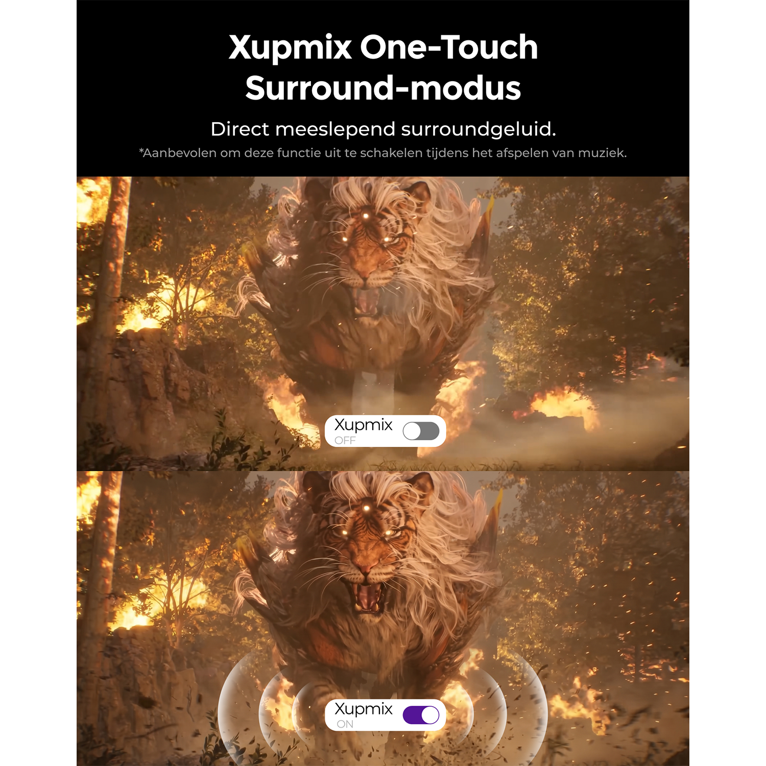 Tijger met vlammende manen en surround sound effect, 'Xupmix OFF' en 'Xupmix ON'.